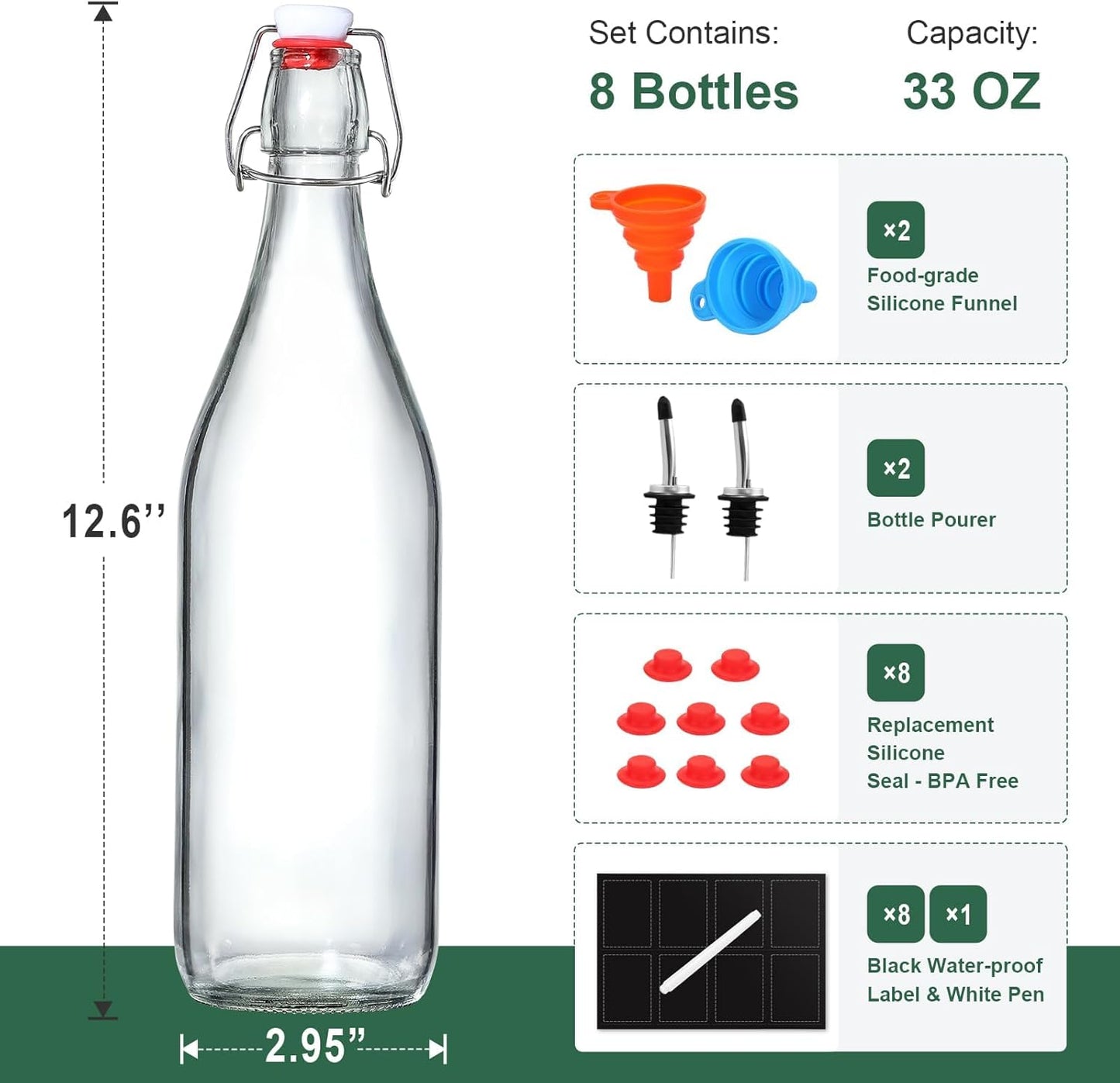 8 Pack Swing Top Glass Bottles w/ Airtight Stopper Lids – Flip Top Brewing Bottle for Fermentation, Kombucha, Mead, Vinegar