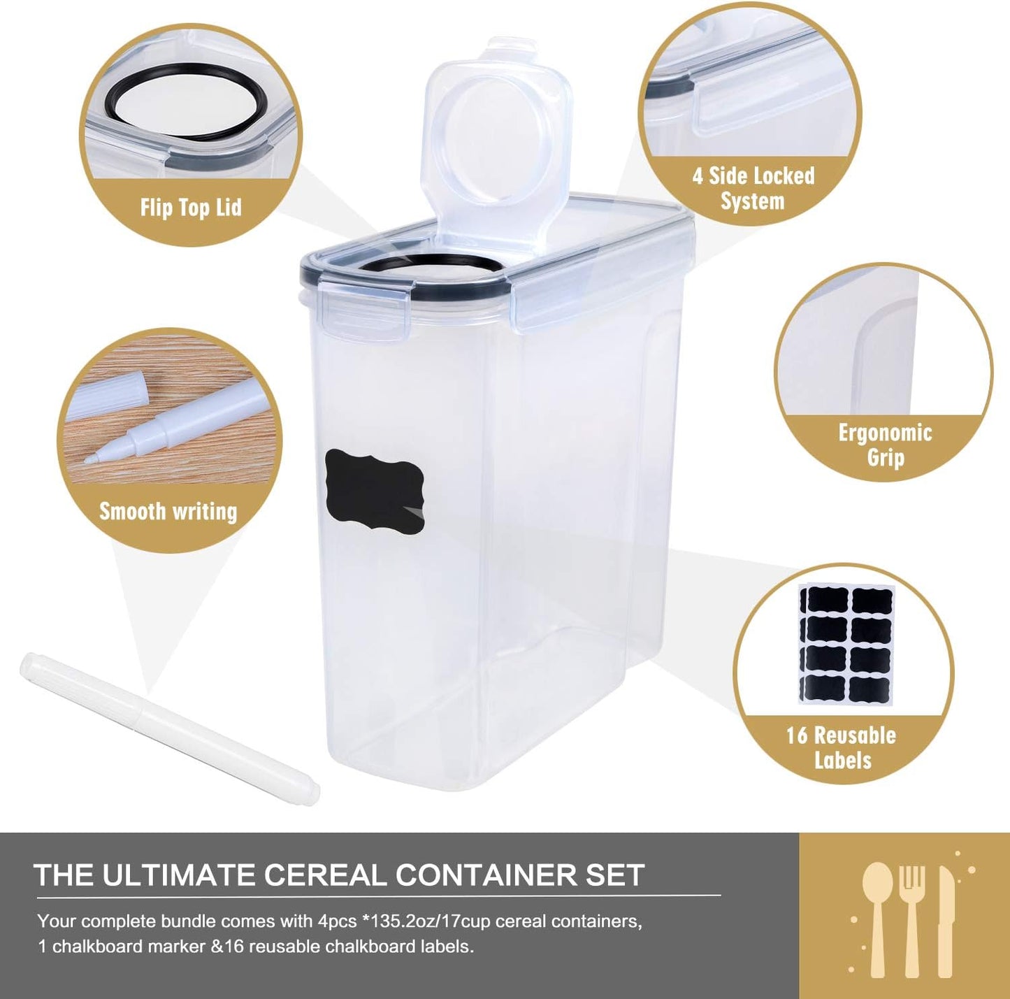 4 Piece Airtight Large Food Storage Containers(135.2oz), BPA Free Dispenser Plastic Cereal Storage