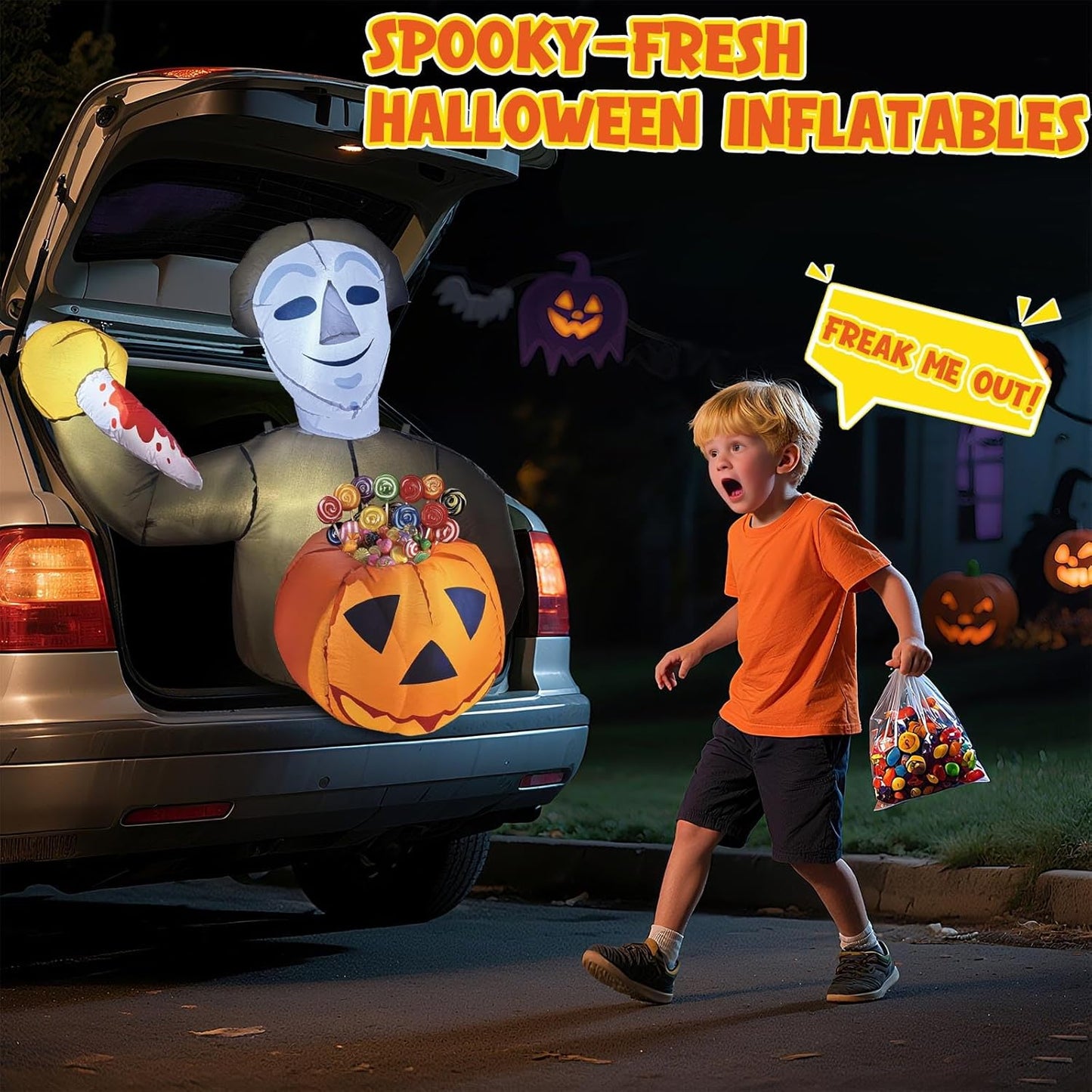 Trunk or Treat Car Decorations Pumpkin Killer-Themed Halloween Car Inflatable Decor Built-in LED Lights