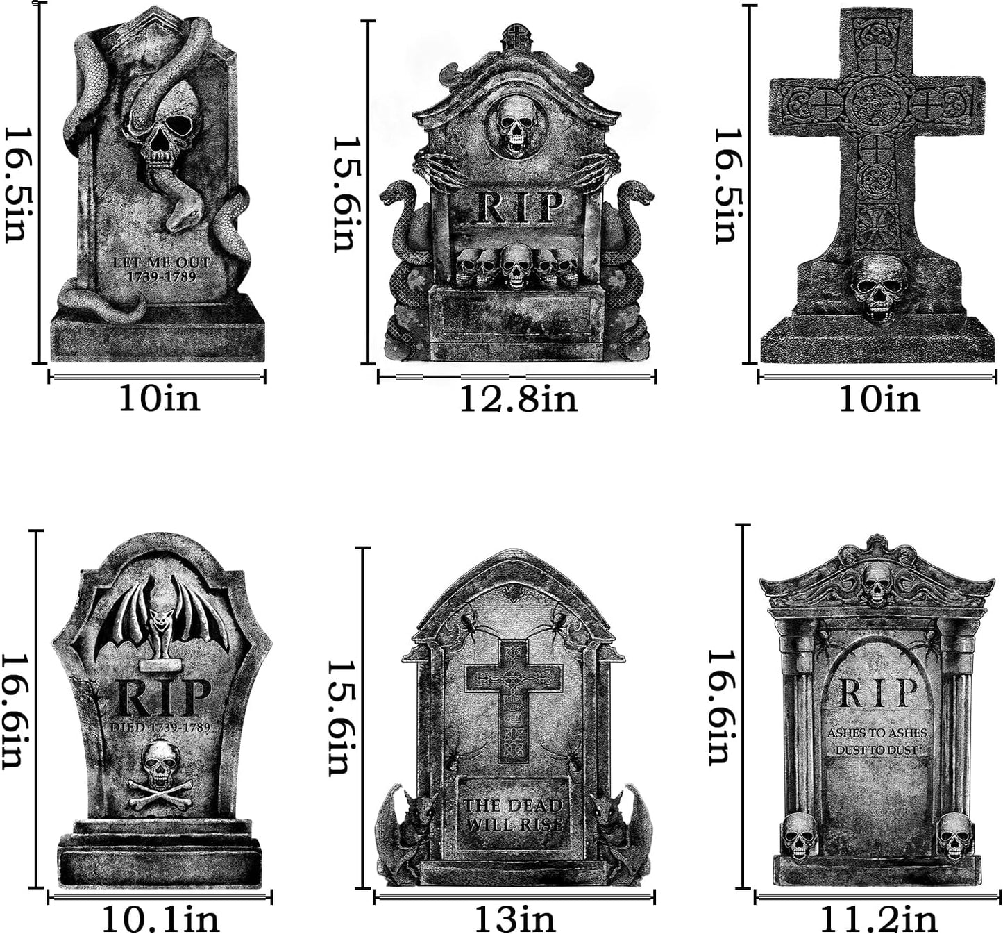 6ct Large Tombstone Halloween Yard Signs with Stakes 16" Realistic Scary Skeleton RIP Gravestones Lawn Cemetery