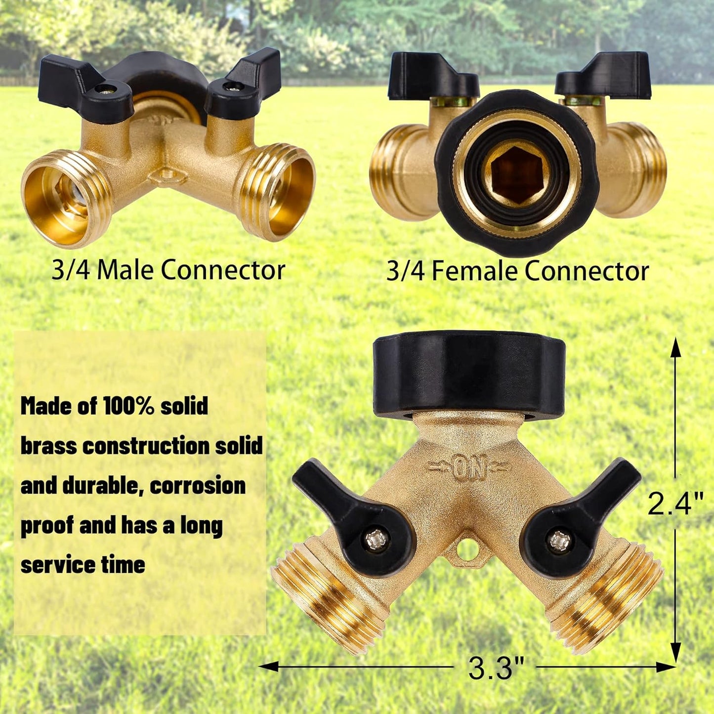 Garden Hose Splitter 2 Way Heavy Duty Brass Connector Tap Splitter Y Splitter 2 Valves with 2 Extra Rubber Washers