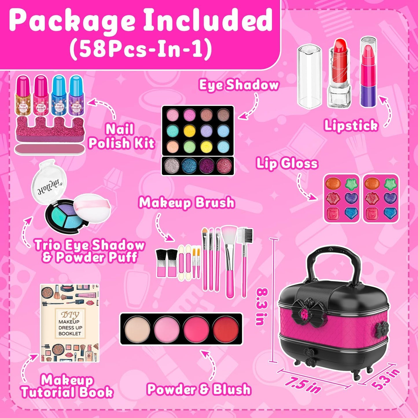 58 Pcs Kids Makeup Kit for Girl Princess Toys Real Washable Cosmetic Set with Mirror