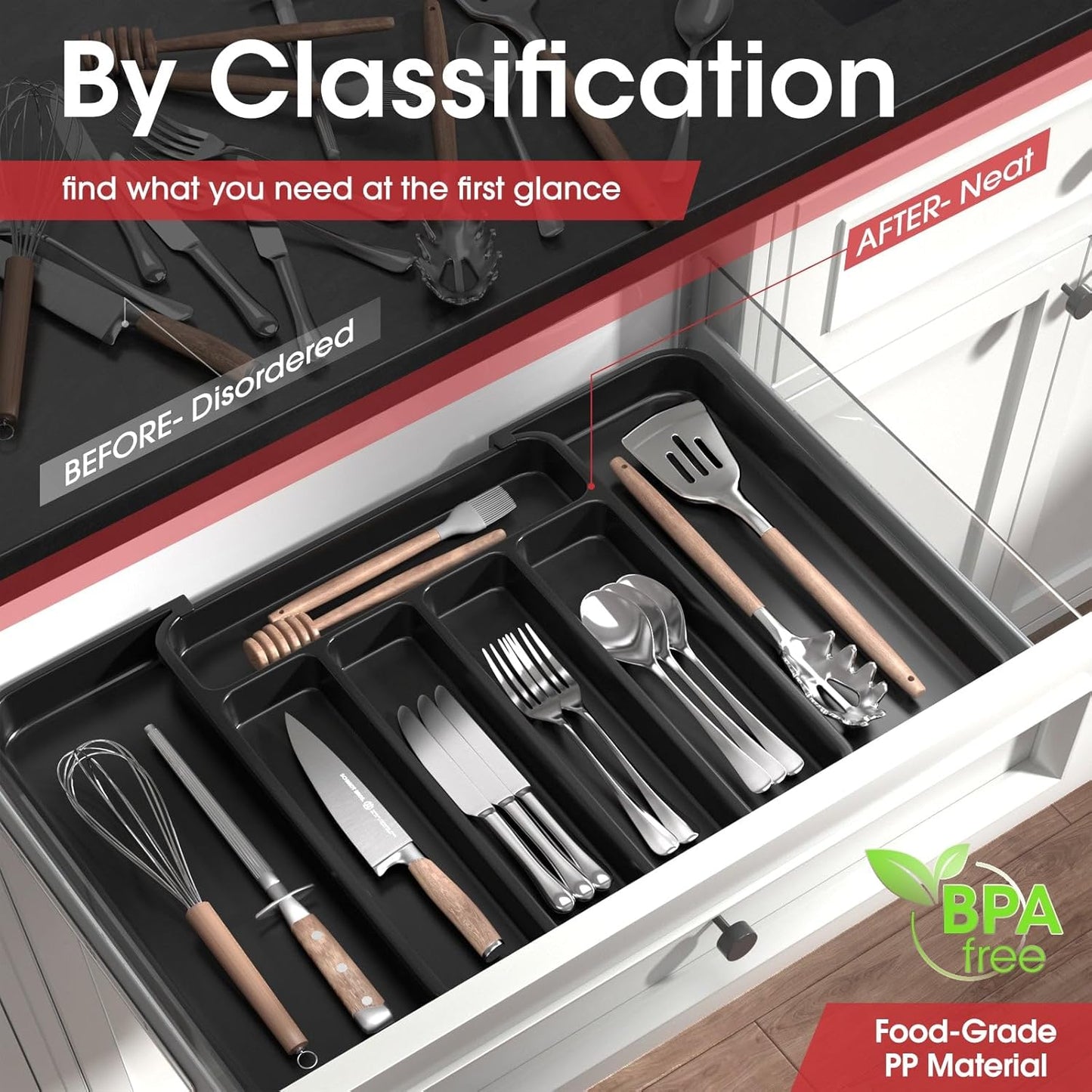 Expandable Kitchen Drawer Organizer Adjustable Utensil Organizer Cutlery Tray for Forks Knives Multipurpose Kitchen Organizers