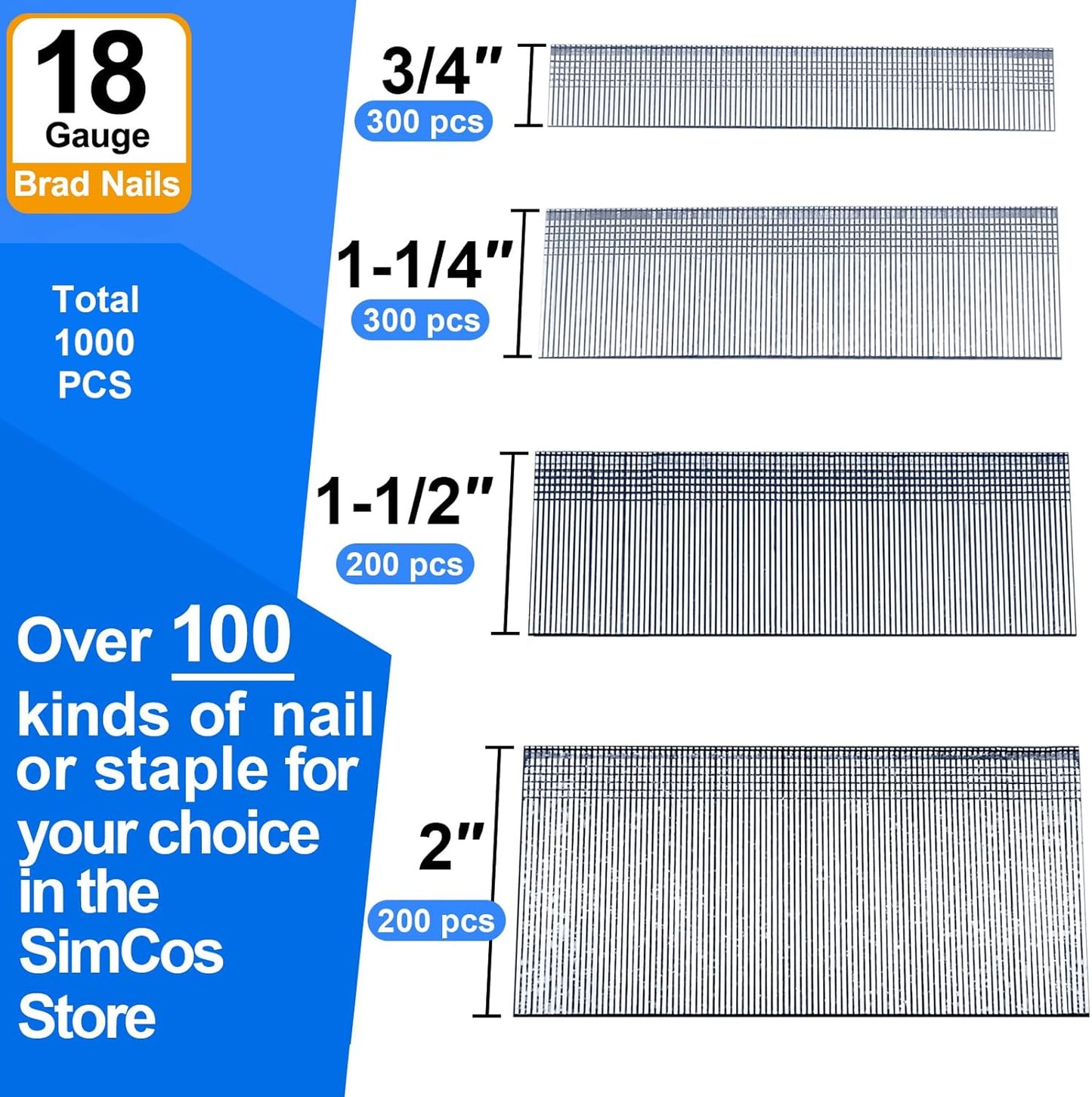 18 Gauge Brad Nails 4 Sizes (2",1-1/2",1-1/4",3/4") Galvanized 18 GA Nail Gun Nails Assorted and Small Finishing Nails