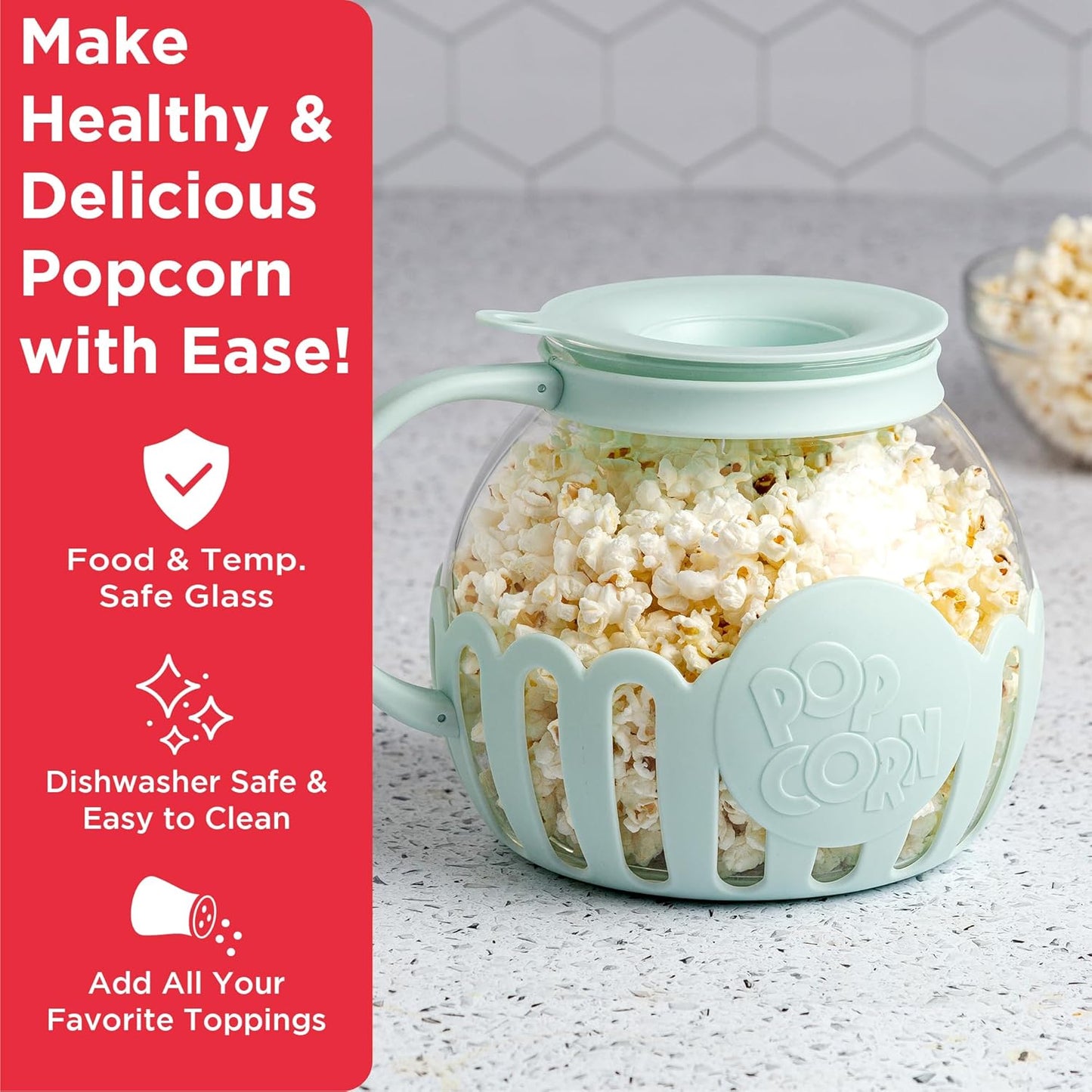 Microwave Popcorn Popper with Temperature Safe Glass 3-in-1 Lid Measures Kernels and Melts Butter