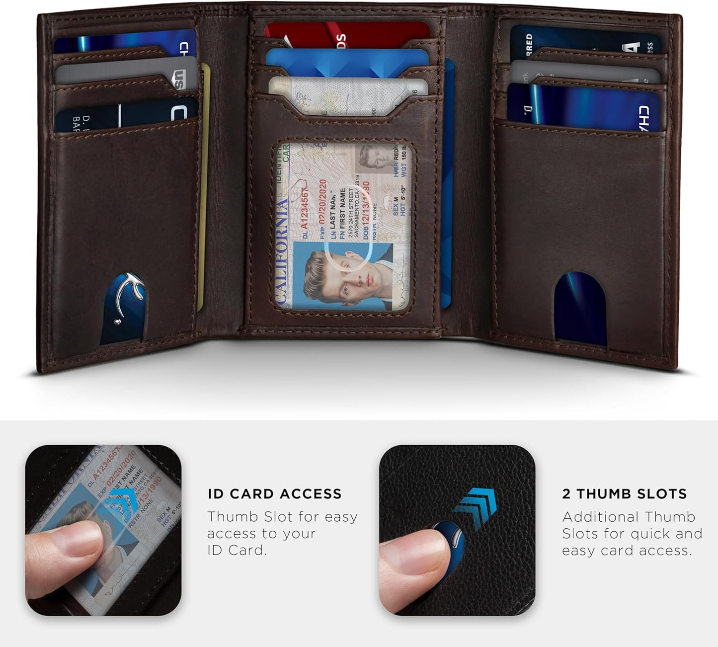 Trifold Wallet for Men - RFID Blocking Full Grain Leather 11 Card Slots & ID Window Slim Everyday Carry, Durable Stitching