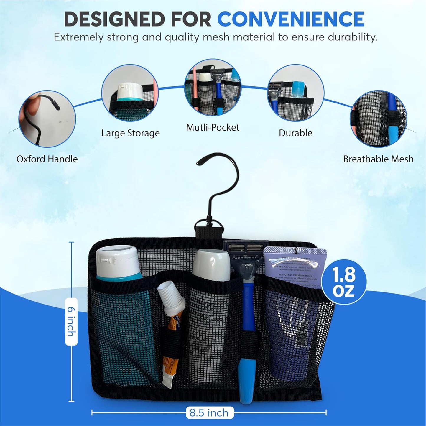 Large Capacity Travel Organizer with 3 Compartments and 2 Elastic Bands Hangable Mesh Shower