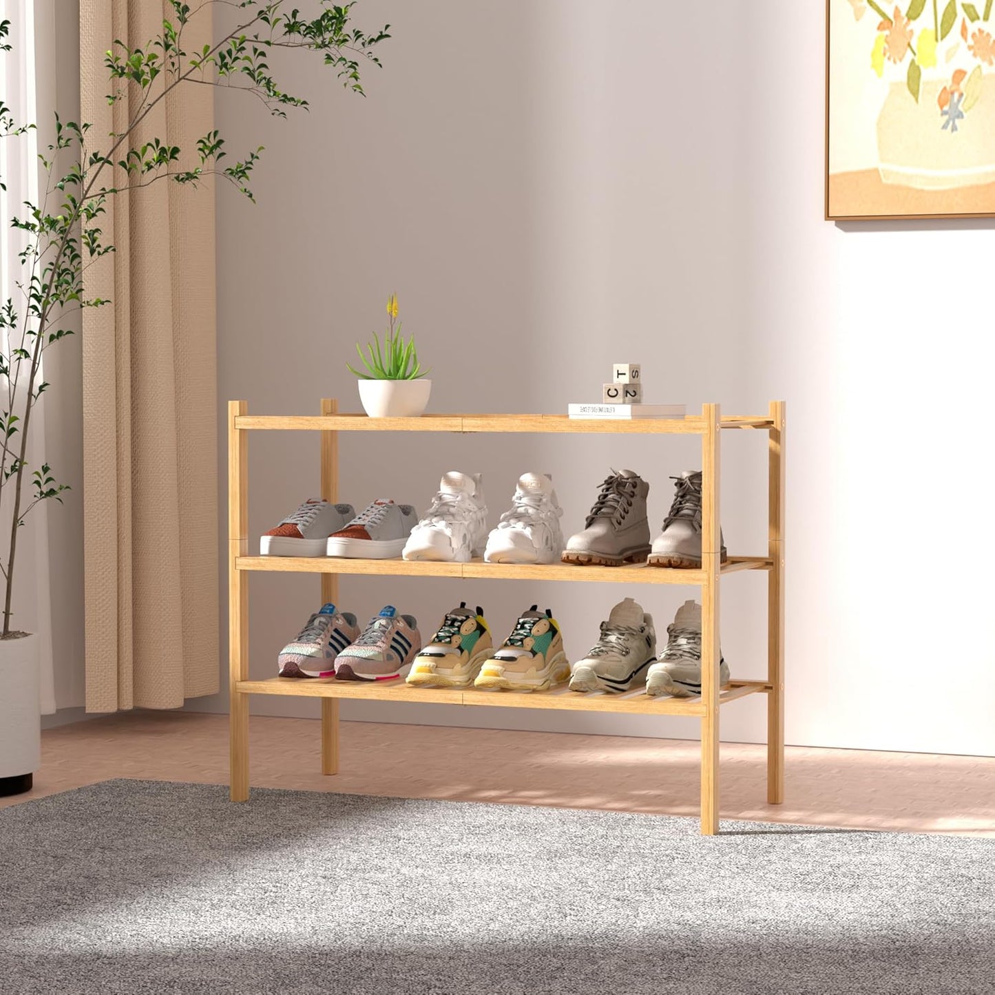 3 Tier Bamboo Shoe Rack for Closet Free Standing Wood Shoe Shelf Storage Organizer