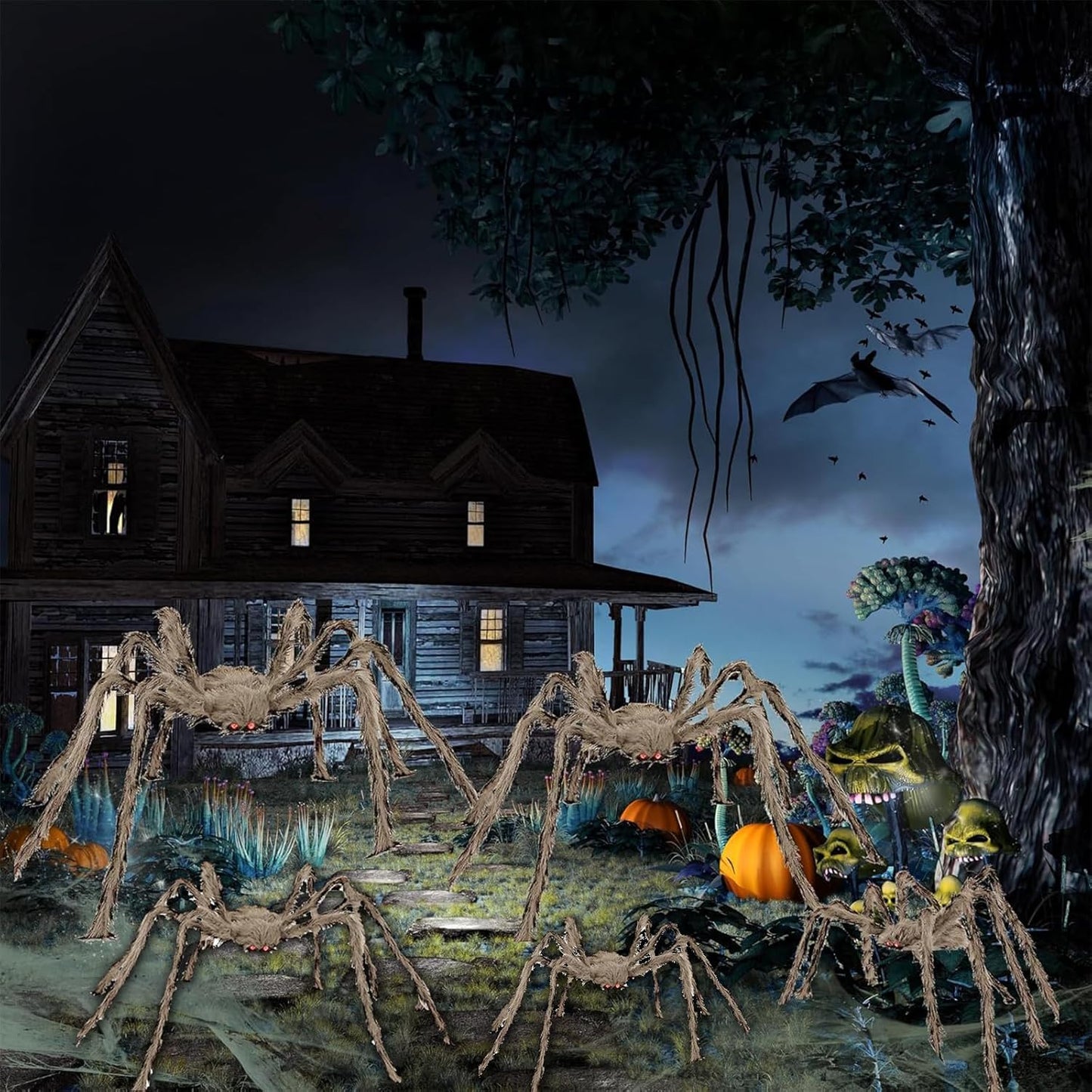 5 Pack 5Ft 4Ft 3.2Ft 2.5Ft 2 Ft Realistic Large Scary Hairy Spiders Sets for Halloween Decorations