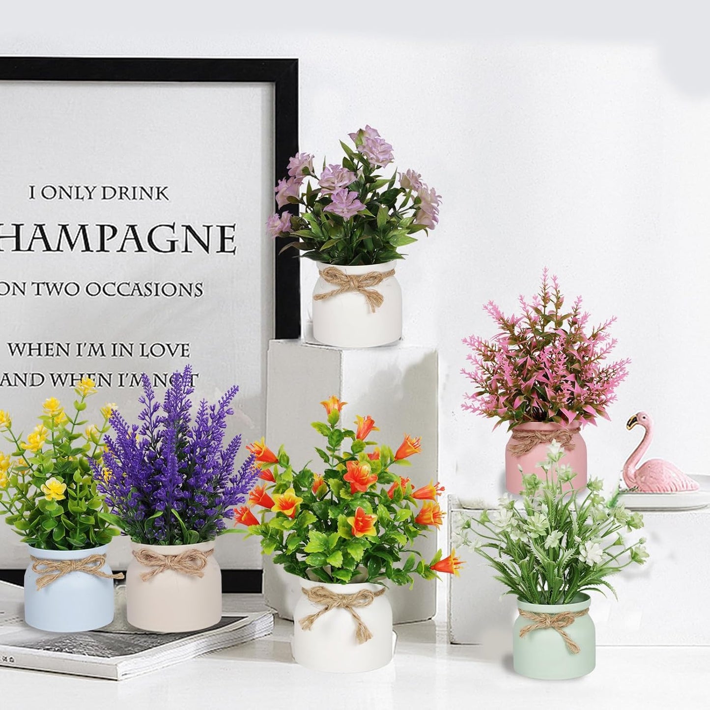6pcs Artificial Pot Flowers Small Fake Plants Mini Potted Plants for House Office Tabletop