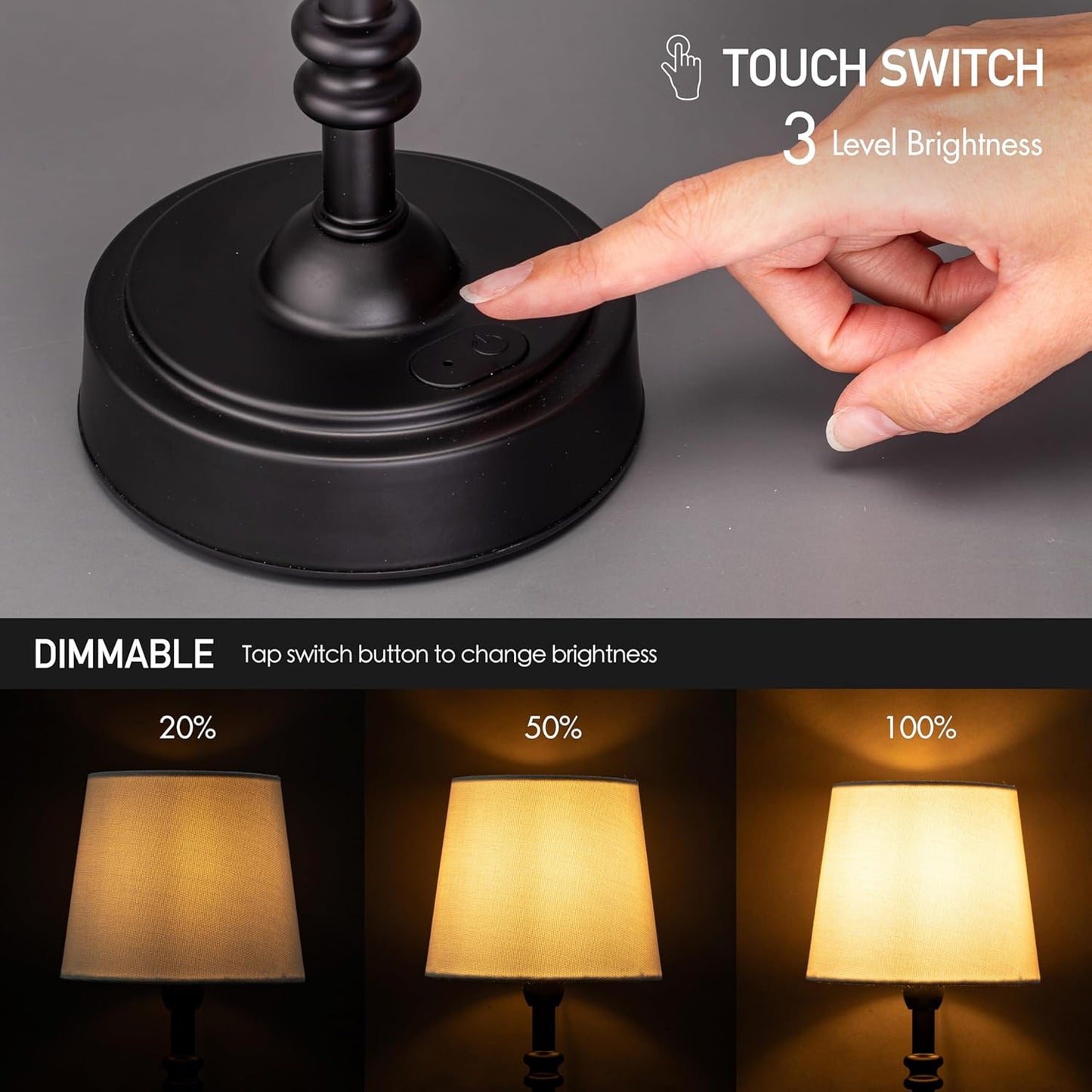 Cordless LED Table Lamp with Dimmer Built-in Rechargeable Battery 3-Level Brightness Patio Table Lamp