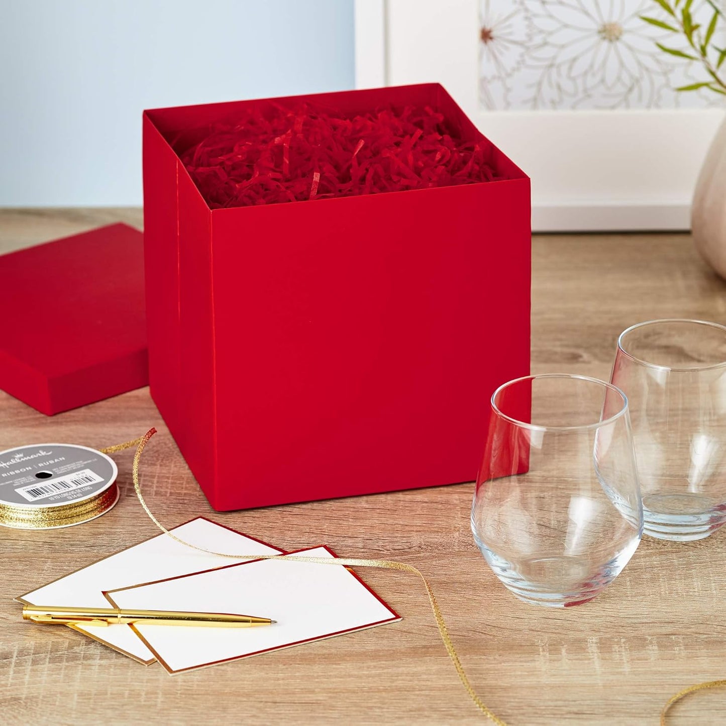 Gift Box with Lid and Shredded Paper Fill (Red 7 inch Box) for Birthdays Graduations Anniversaries