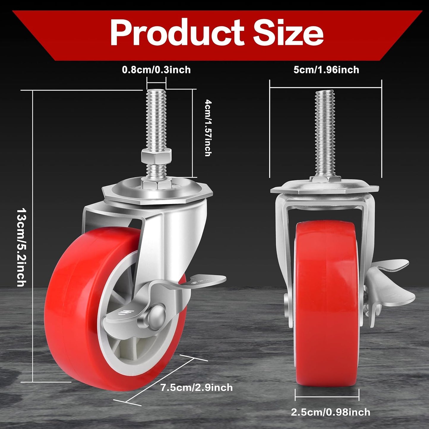 Stem Casters Swivel Wheels with Brake 3/8" -16 x 1-1/2" (Stem Diameter 3/8" Stem Length 1-1/2"