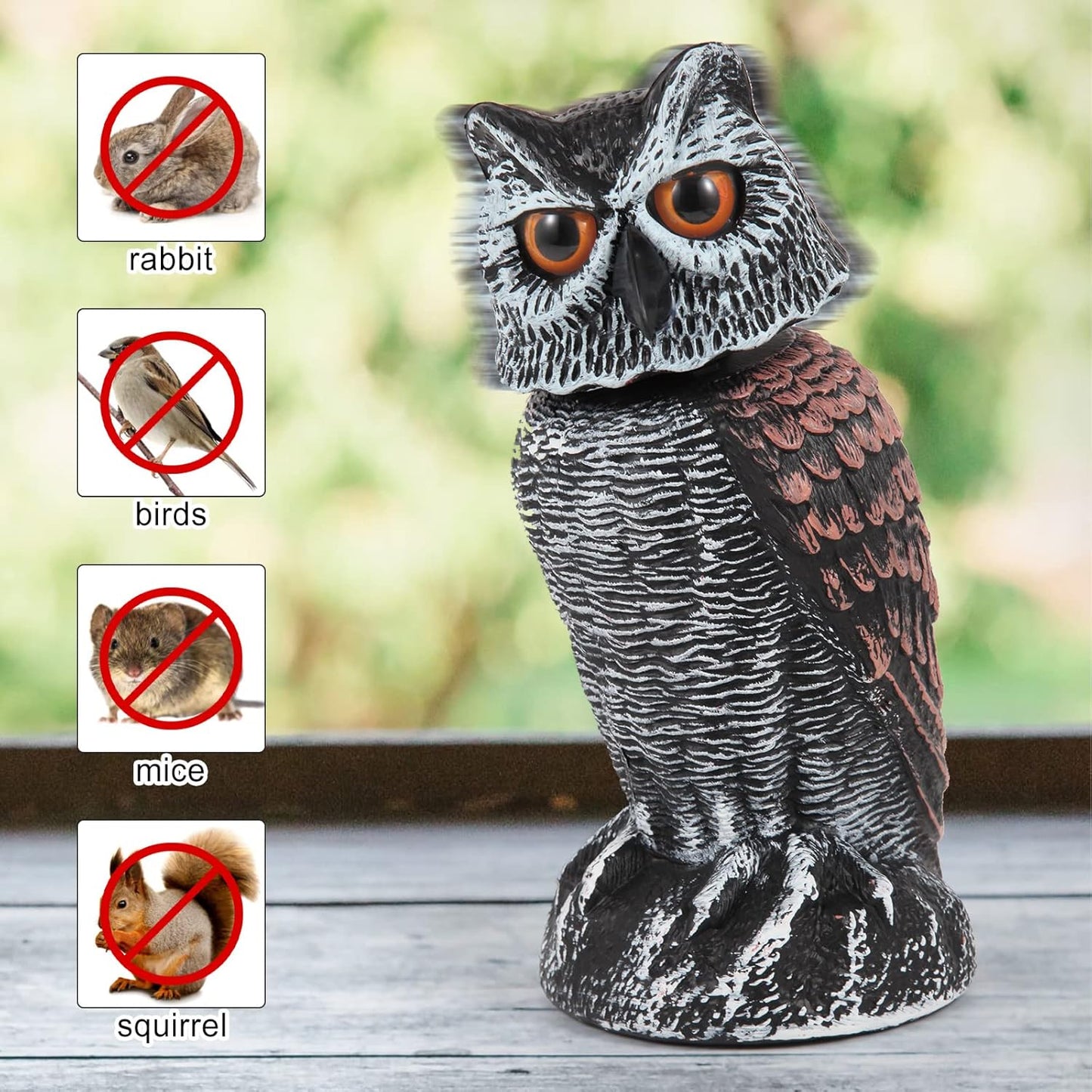 2 Pack Fake Owl Decoys to Scare Birds Away Rotating Head Bird Deterrents, Nature Enemy Scarecrow Plastic