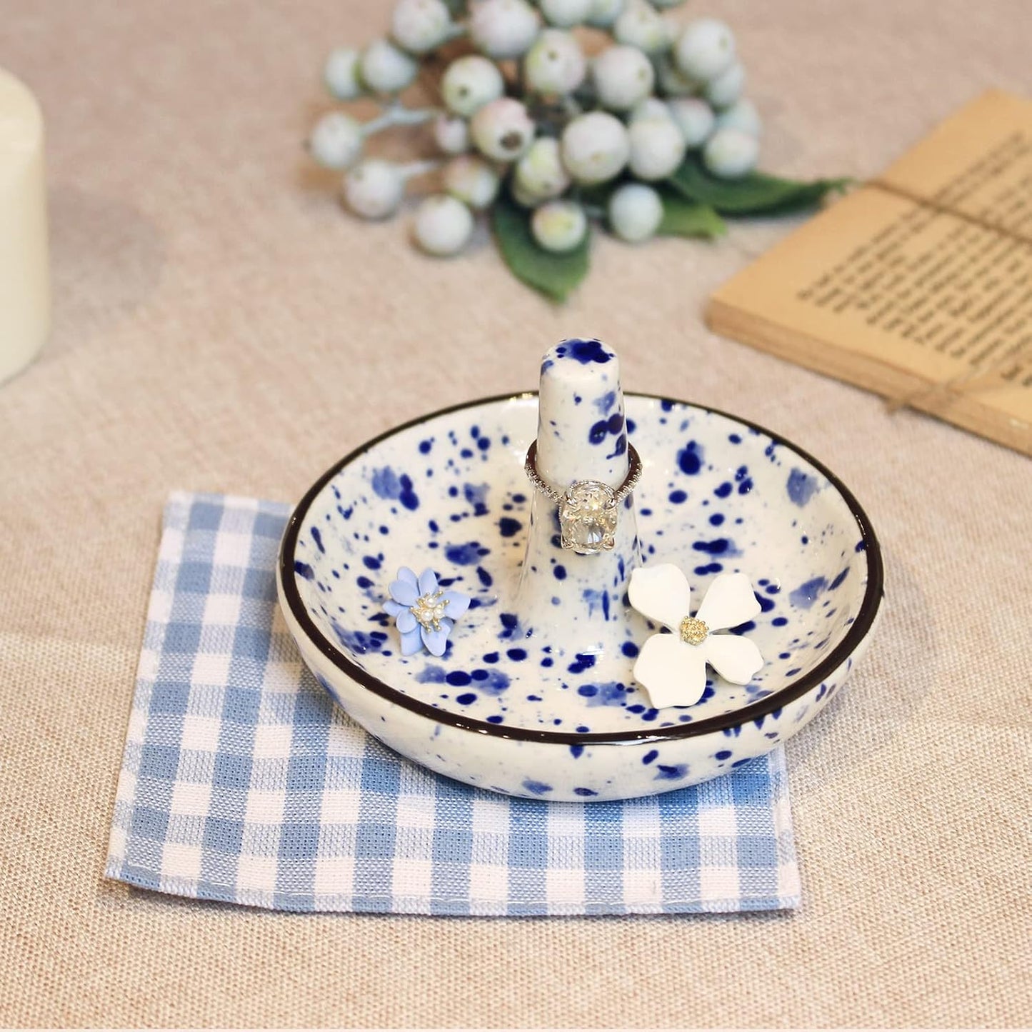 Ceramic Ring Stand With Jewelry Plate Blue Dots Jewelry Holder for Rings Earrings Necklace Organizer