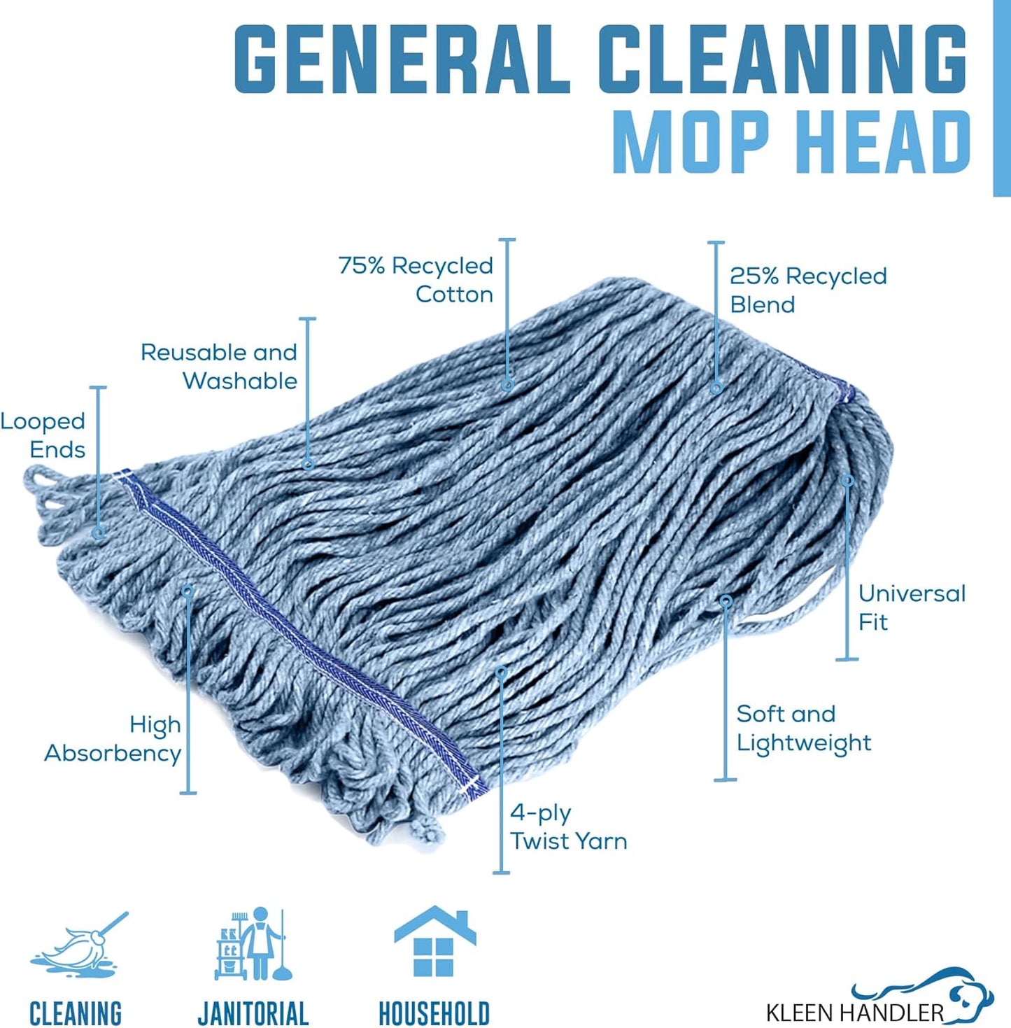 Pack of 3 Cleaning Mop Heavy Duty Commercial Replacement Wet Industrial Blue Cotton Looped