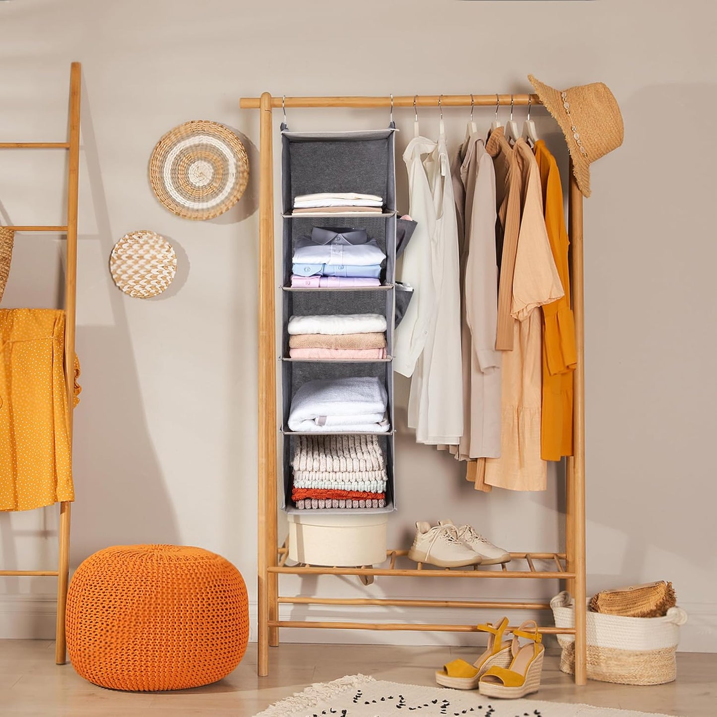 Hanging Closet Organize and Shelves 5-Hanging Shelf with 2 Side Pockets Storage Foldable