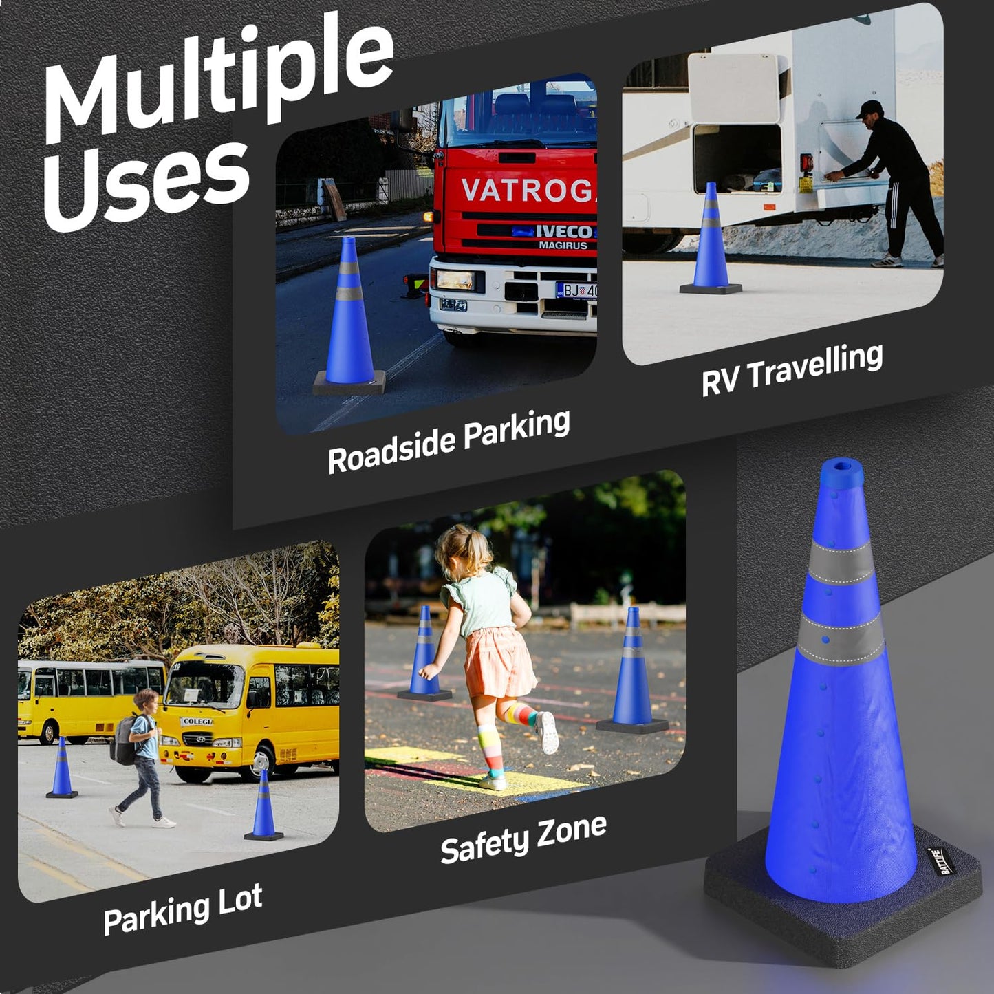 28 Inch Collapsible Traffic Safety Blue Cones with Black Weighted Base Multi Purpose Pop-up Cones