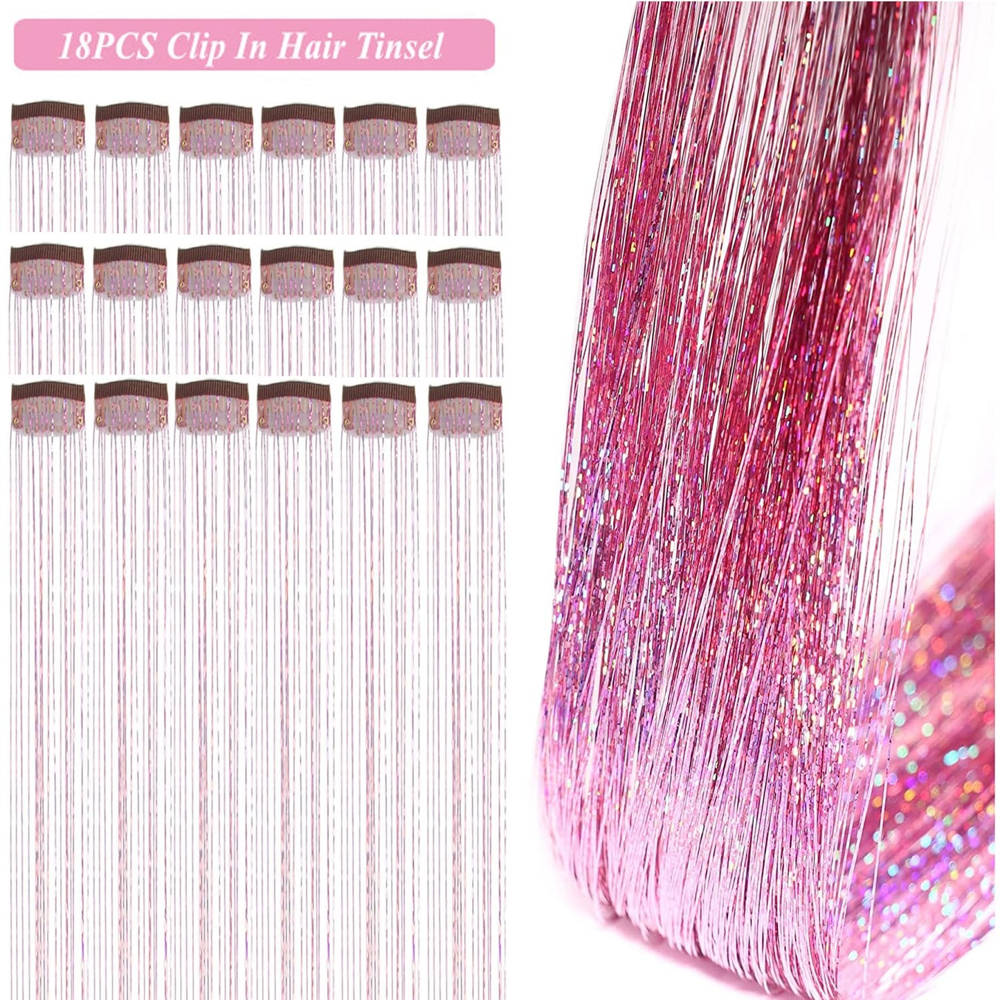 Pack of 18 Pcs Hair Tinsel Clip in 19.6Inch Glitter Tinsel Hair Extensions Heat Resistant Clip in Hair Tinsel Sparkle