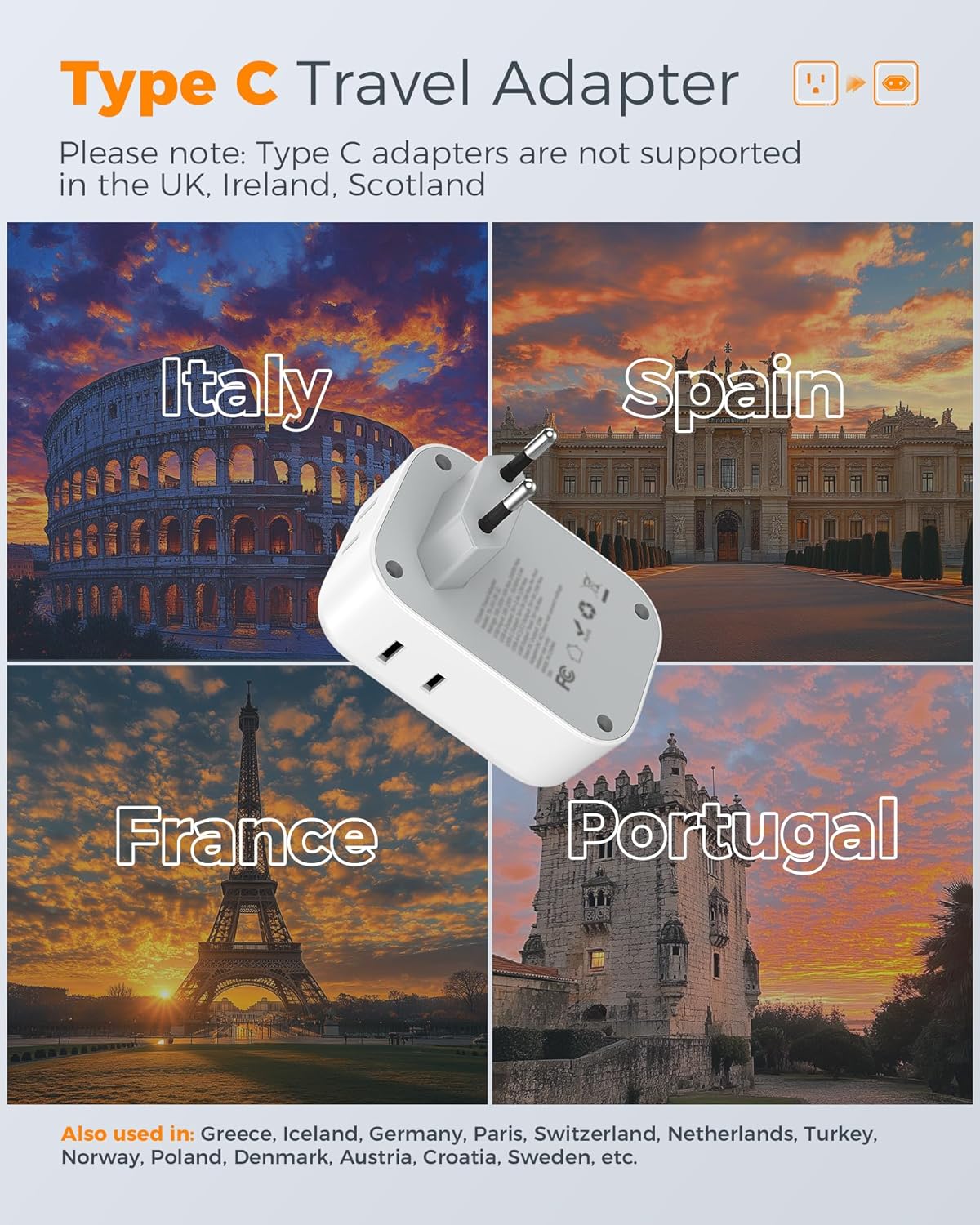 2 Pack European Plug Adapter USB C TESSAN US to Europe Adapter 4 Outlets 3 USB Charger Type C International Power Adaptor
