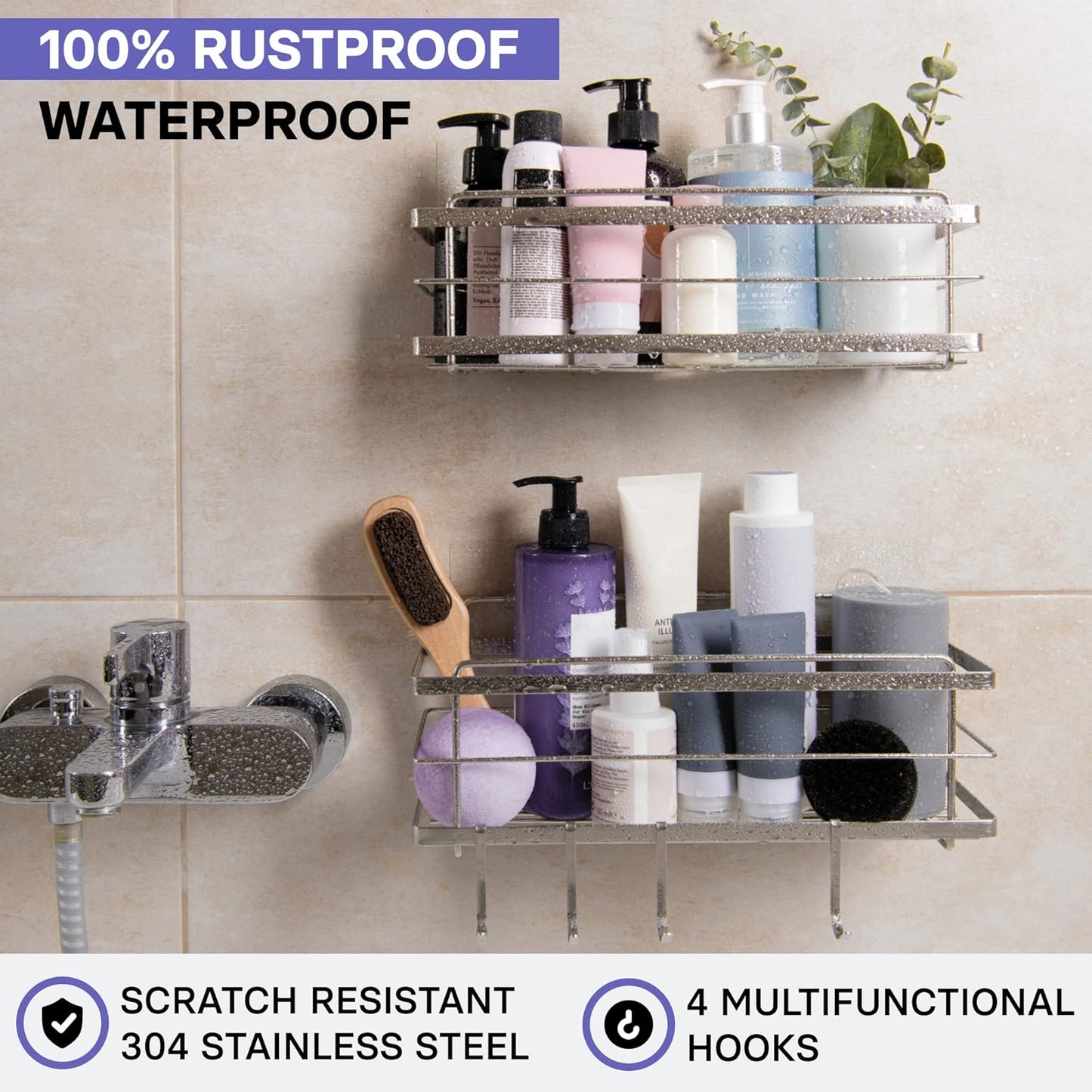 2 Pack Self Adhesive Caddy with 4 Hooks No Drill Large Capacity Stainless Steel Wall Shelf