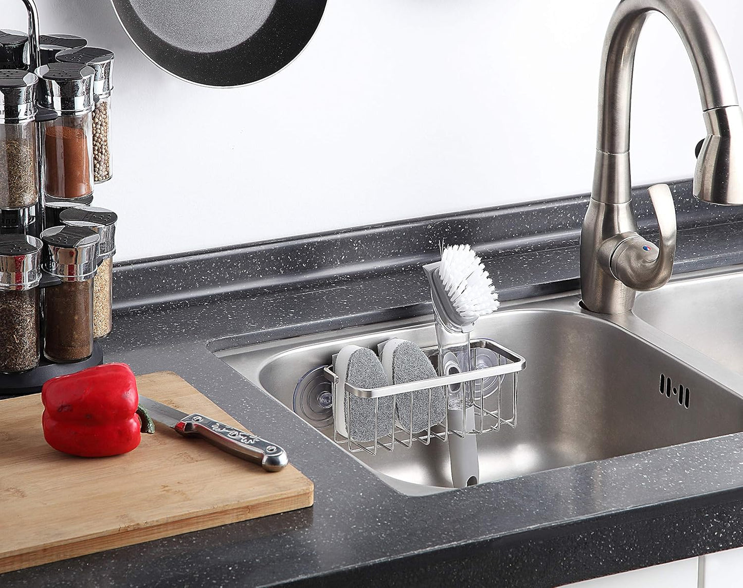 Deluxe Kitchen & Bathroom Sink Sponge Holder Organizer with Adhesive Mount Additional Suction Cup