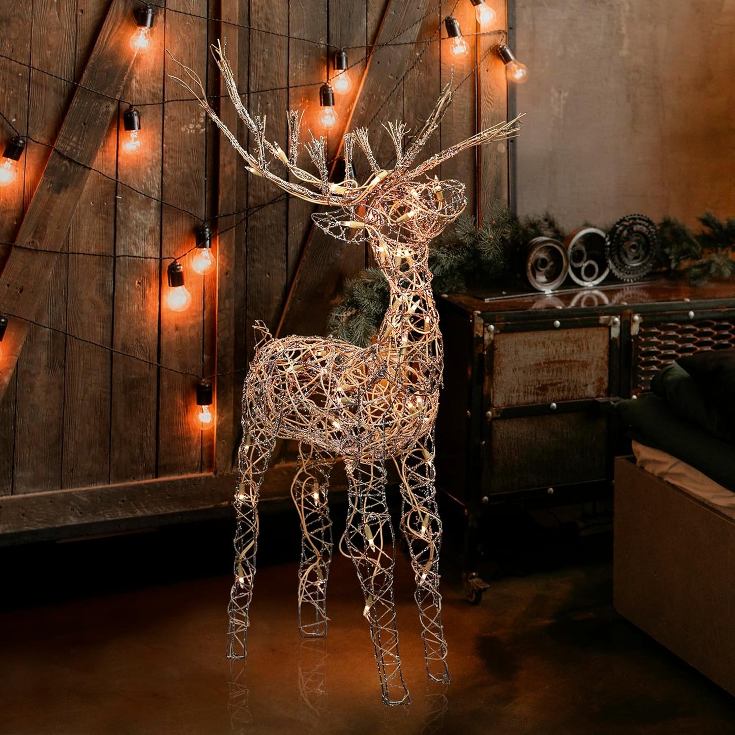 35" Tall Outdoor Rattan Reindeer Lawn Decoration with 50 White LED Lights Indoor/Outdoor
