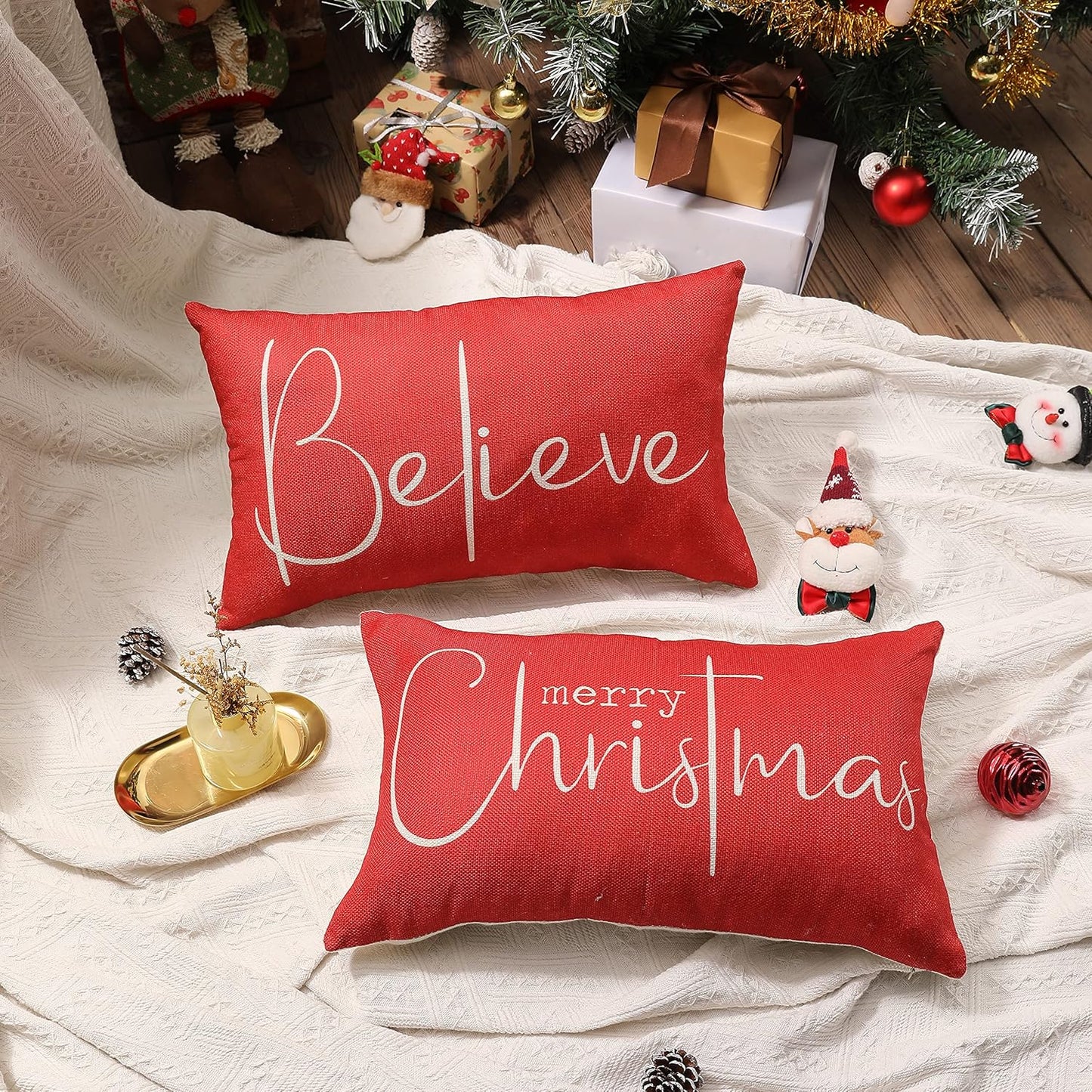 Throw Pillow Covers 12x20 Inch Set of 2 Merry Christmas Farmhouse Decorations Believe Holiday Decor