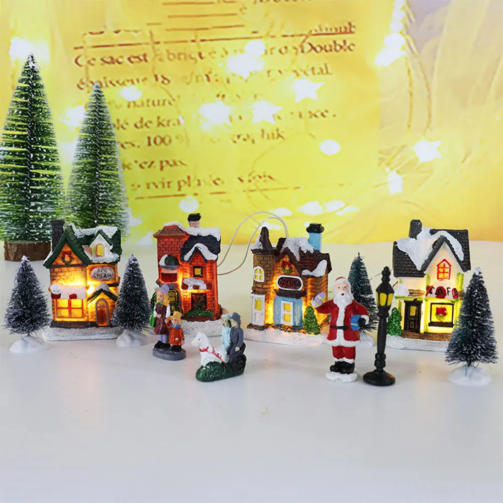 12 Pcs Mini Resin Christmas Town Scene Desktop Ornaments Lighted LED DIY Christmas Doll Figurines