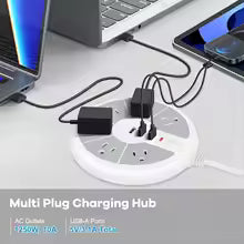 American Standard Disc Power Strip with 3 USB Sockets for Office, School, Family and Other Scenes