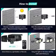 Outdoor Waterproof Solar Light with Motion Sensor 3-Head 200+ LEDs Security Light for Porches Garages