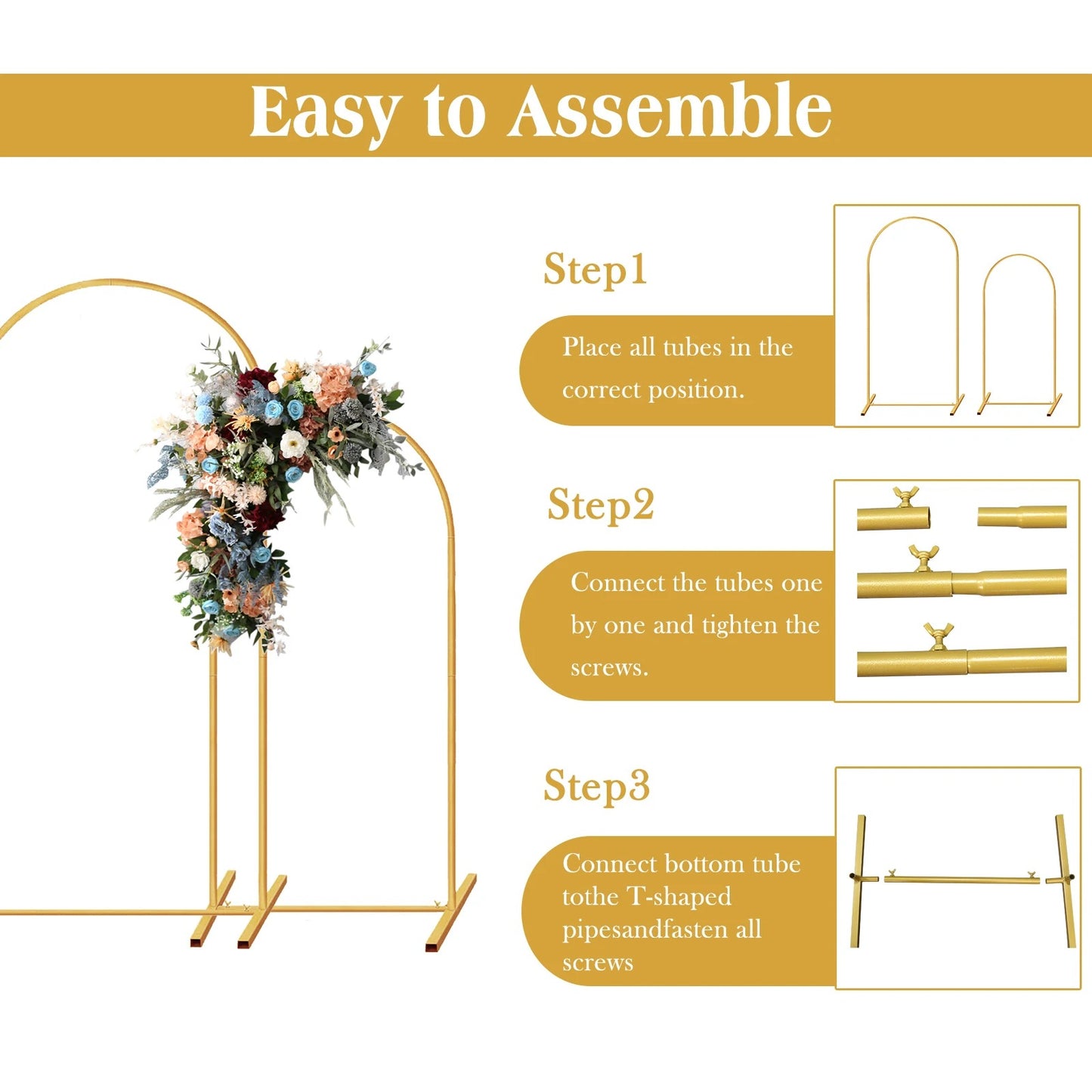 Set of 2 Gold Metal Arch Backdrop Stand Wedding Arch Frame for Wedding Birthday Party Baby Shower