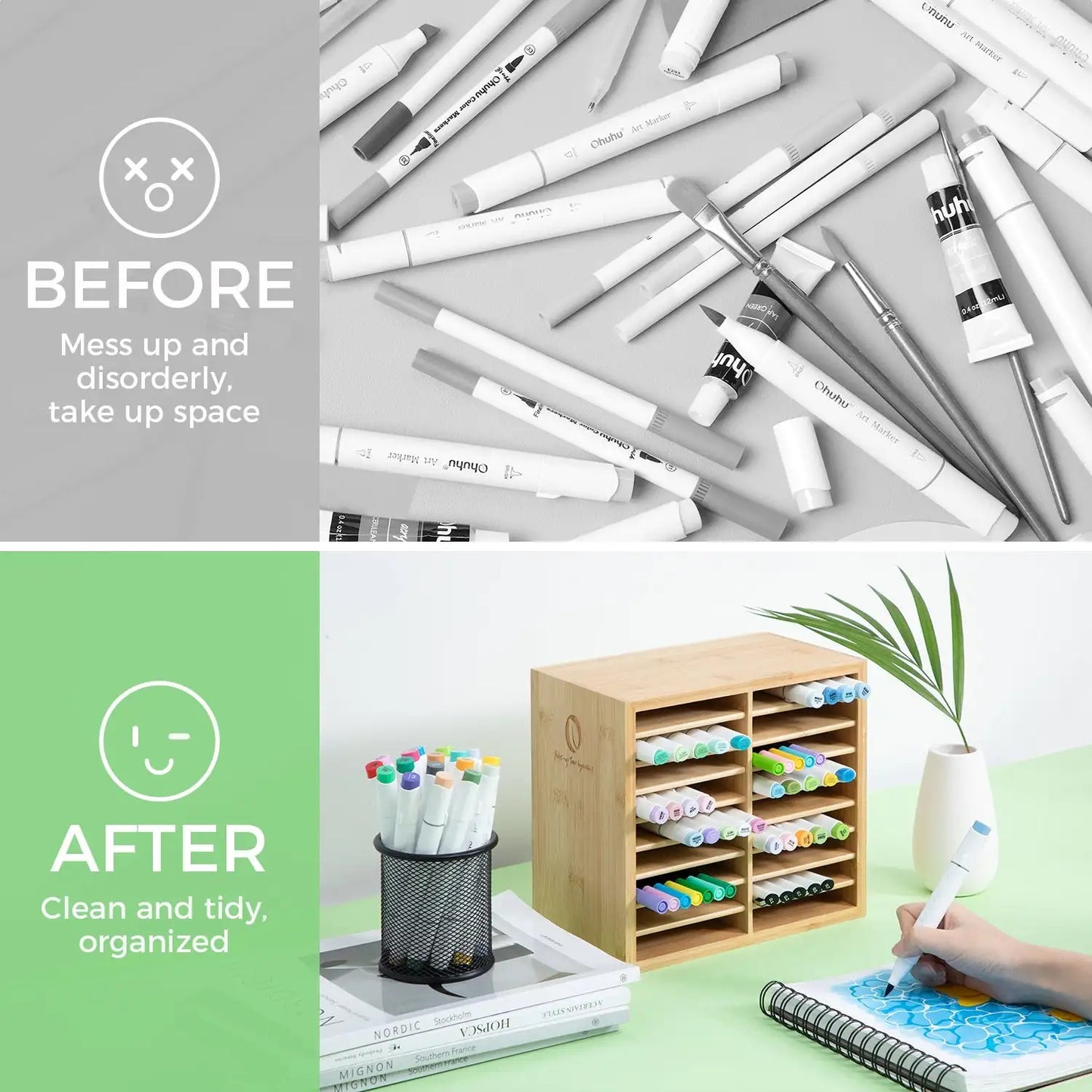 Bamboo Marker Organizer Wooden Desktop Storage Hold 126 Markers Pens Pencils Art Brushes