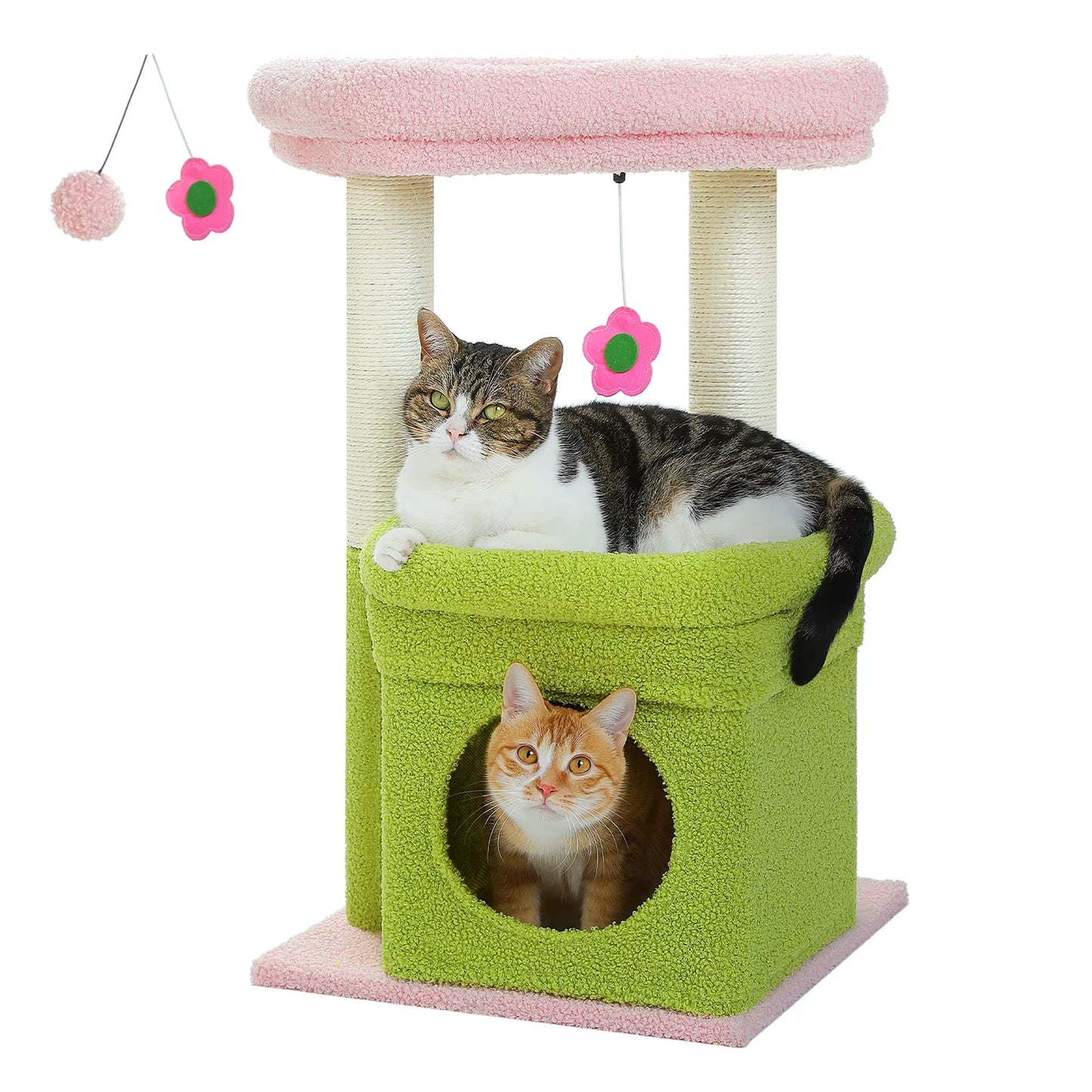 Cat Tower with Cozy Condo Wide Top Perch Natural Sisal Posts Soft Plush Playful Pom-Pom Suitable