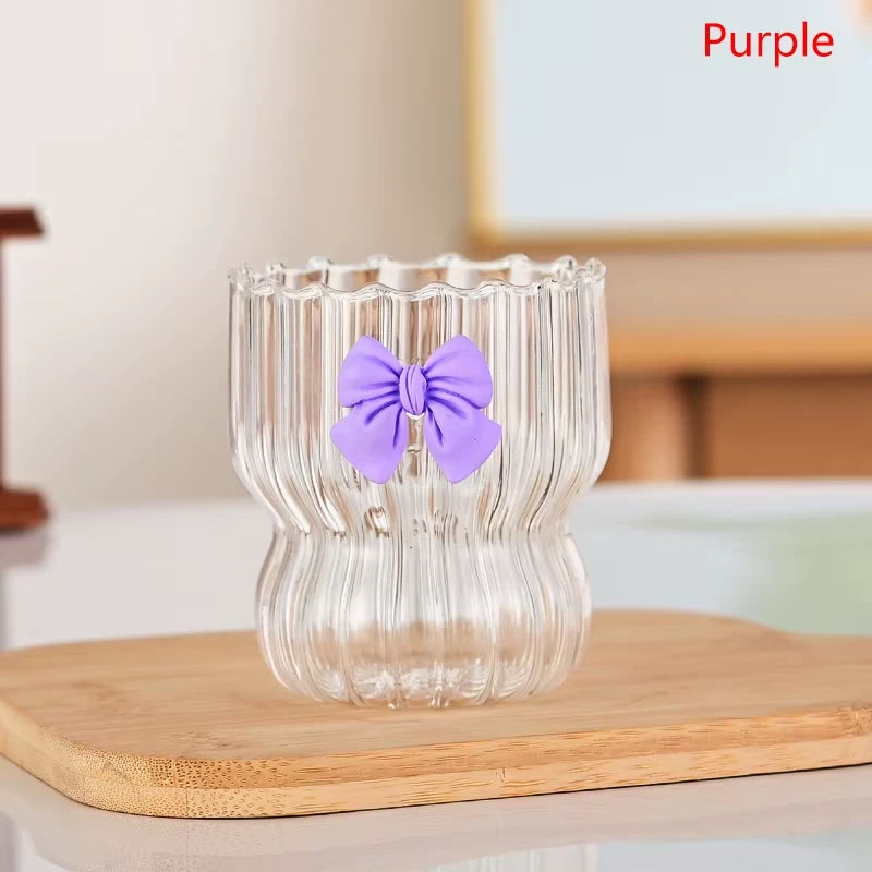 Pink Bow Glass Cute Water Cup Cartoon Bow Glass Cup Striped Cute Doodle Coffee Mug Household