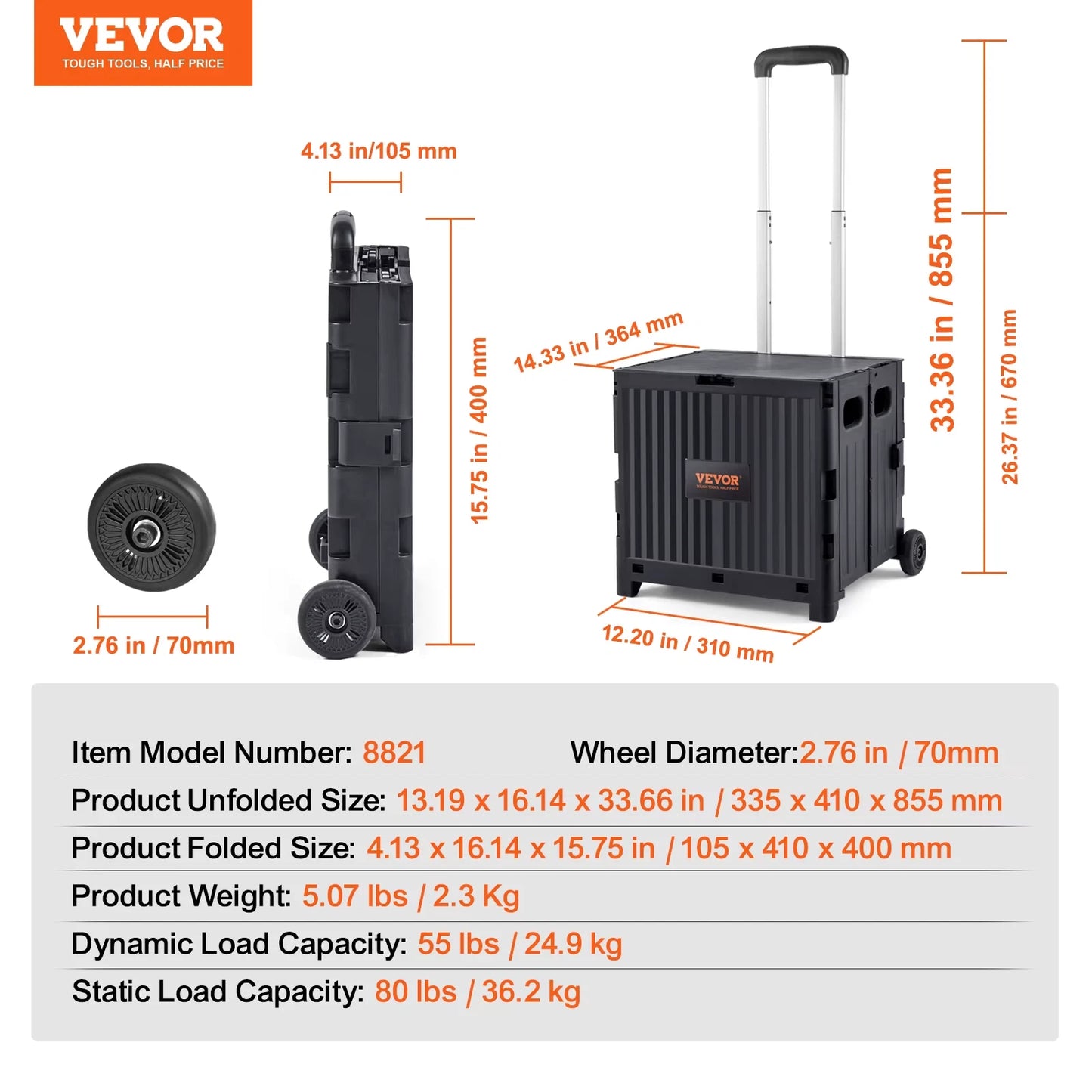 Foldable Utility Shopping Cart Folding Portable Crate Handcart with Telescope Handle Wheels