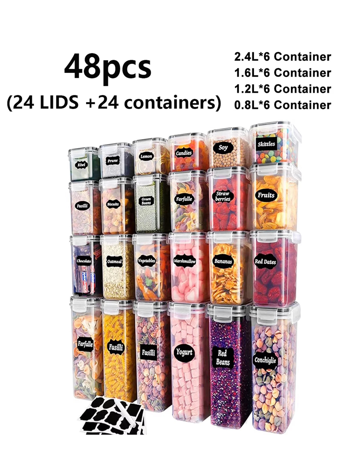48pcs Sealed food storage containers with LIDS plastic kitchen pantry dry cargo jars of lactose