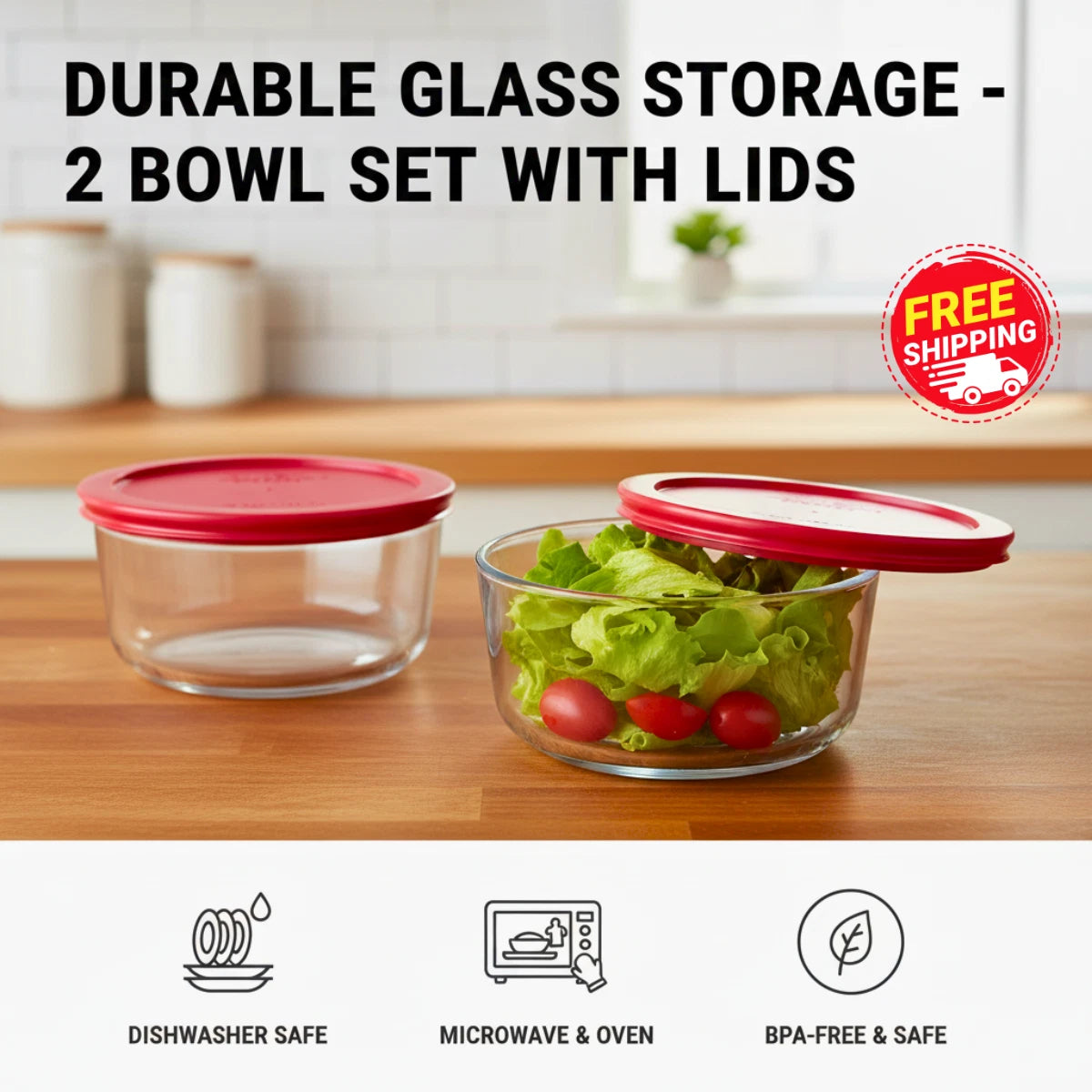 4 Cup Glass Bowl Set of 2 with BPA Free Plastic Lids Dishwasher Microwave Safe Food Storage Containers