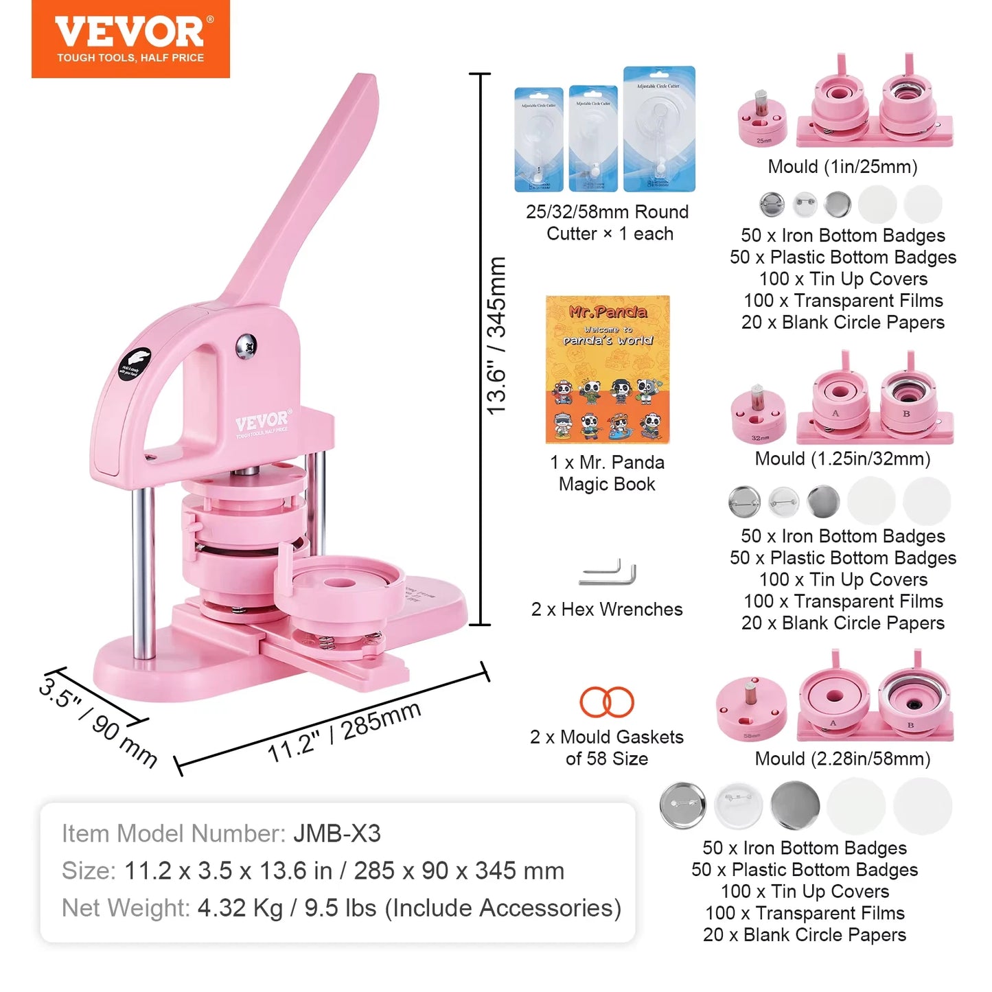 3 IN 1 Button Maker Button Maker Machine with Panda Magic Book Ergonomic Arc Handle Punch Press Kit