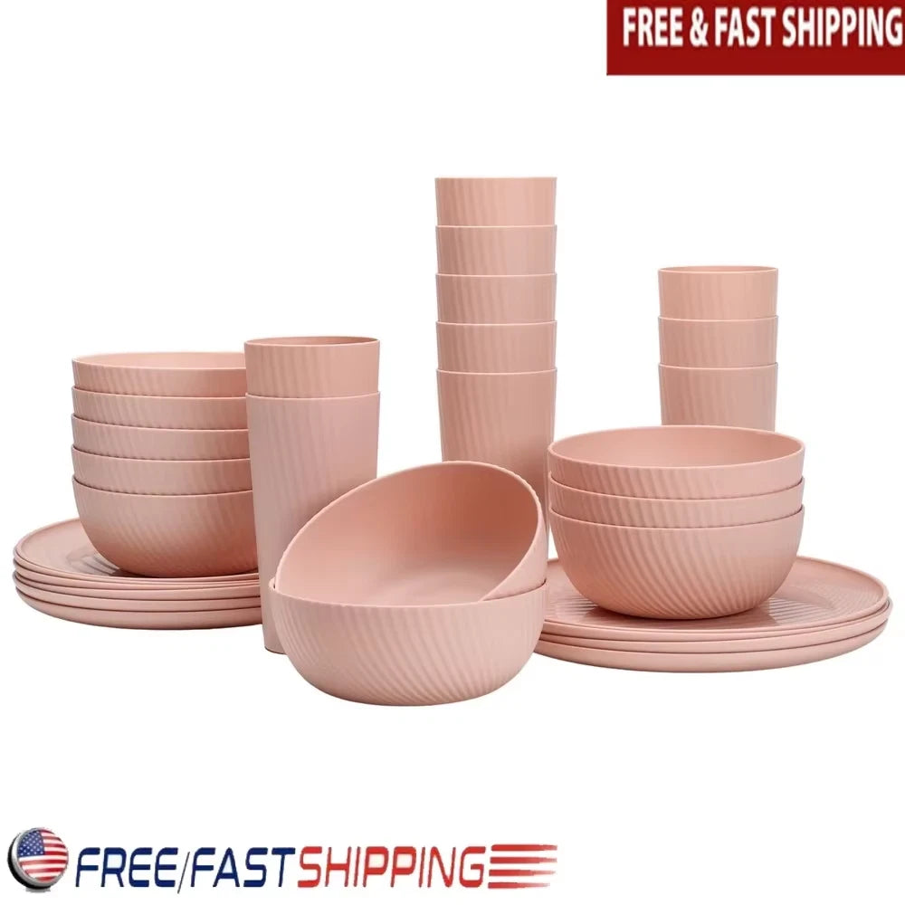 30 Piece Pink Plastic Swirl Dinnerware Set BPA Free Dishwasher Safe Indoor Outdoor Use Includes Plates