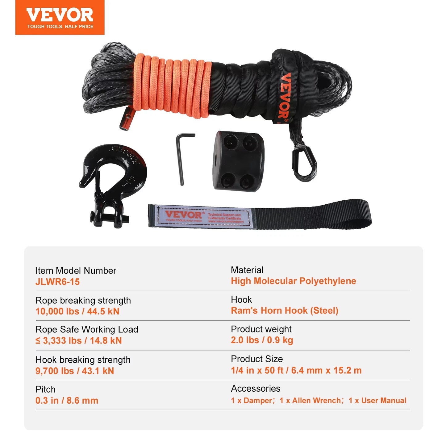 Synthetic Winch Rope 50ft Line String Cable Rope with Forged Winch Hook for ATV Car Outdoor