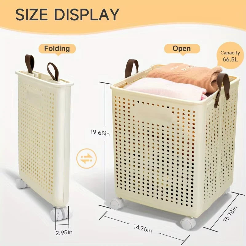 66.5L Foldable Laundry Basket with Wheels XL Collapsible Storage Bin for Clothes Toys Bathroom