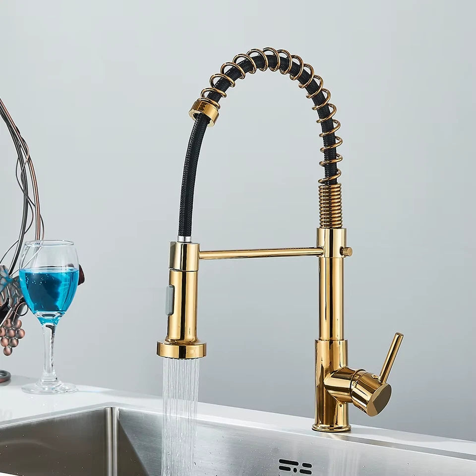 Brushed Gold Kitchen Sink Faucet Spring Pull-down Hot Cold Mixer Faucet Deck Installation