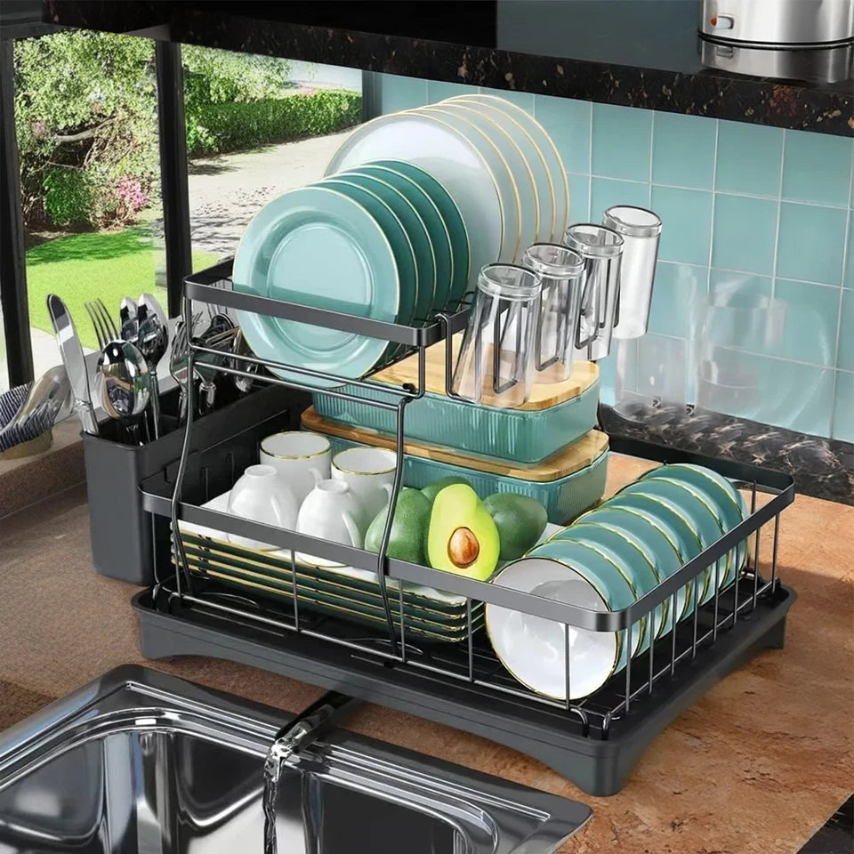 Kitchen Storage Rack 2 Tier Dish Drainer with Drip Tray and Drainer Mat with Utensil Holder