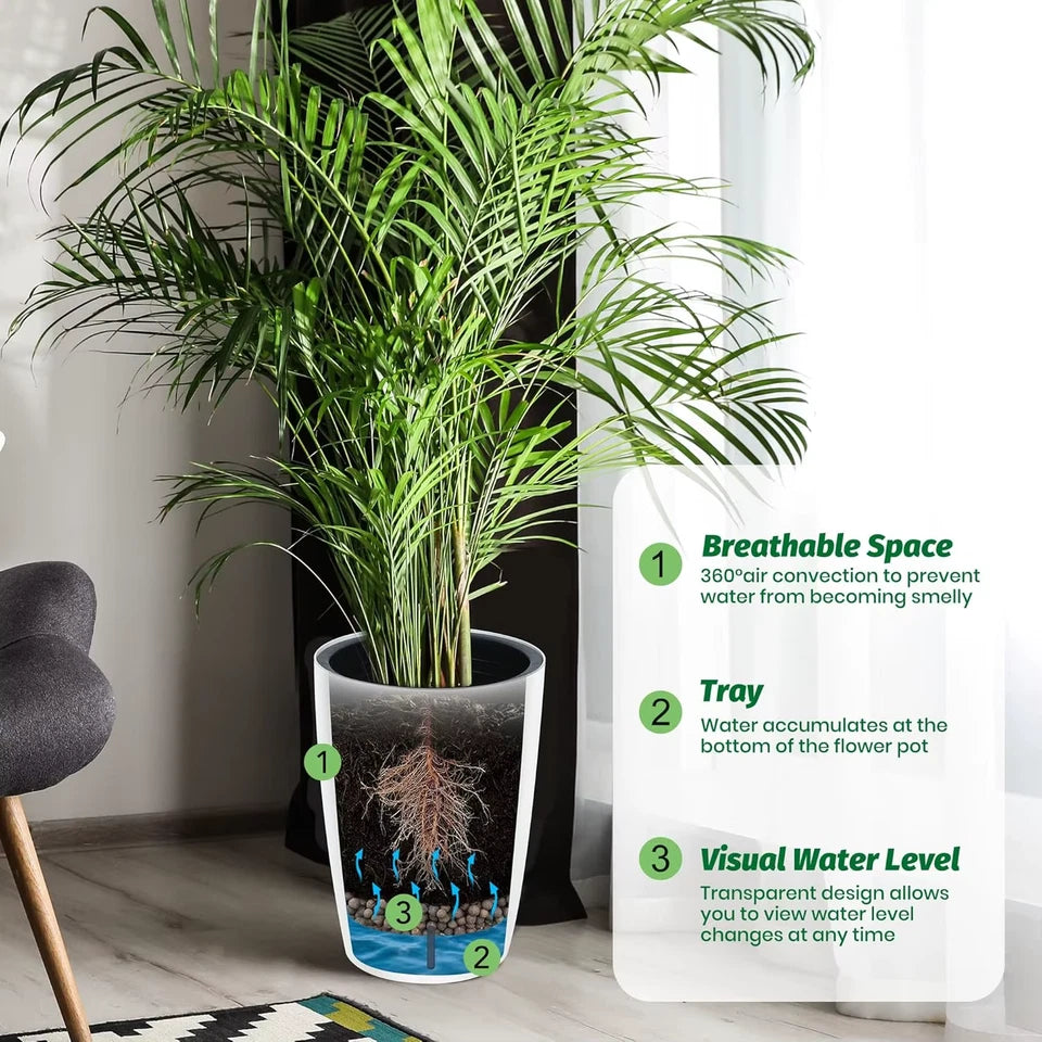 1 Pair Black Self-Watering Planters 21.7” Tall Flower Plant Pots Water Level Gauge Tall-Round