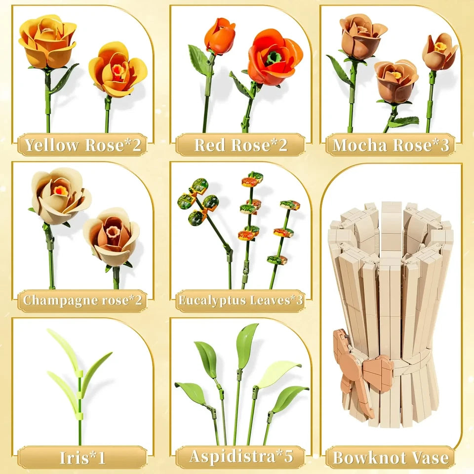 Rose Bouquet Building Blocks Eternal Flower Vase Bricks Home Decoration Girl Romantic Valentine's Day Gifts