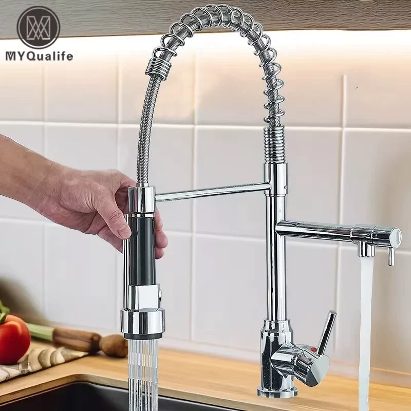 Kitchen Sink Faucet Pull Down Hot and Cold Water Mixer2 Mode Tap with Dual Spout 360 Rotation