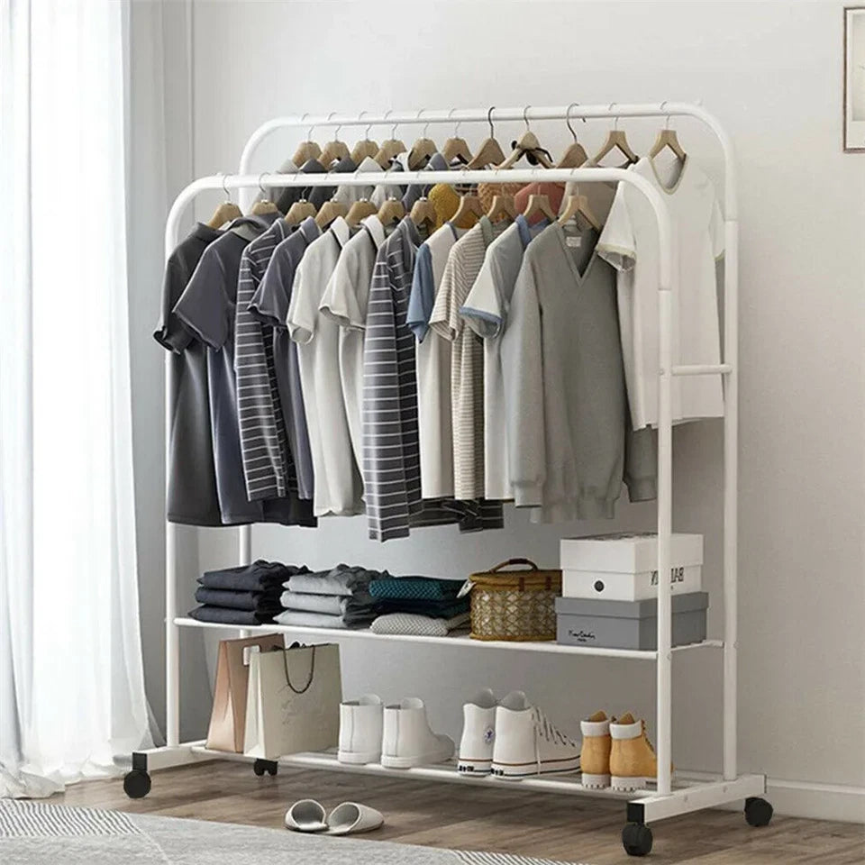 Heavy Metal Double Clothes Rail Hanging Rack Garment Display Stand Storage Shelf Rolling