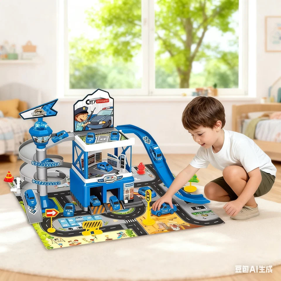 Assembled Track City Parking Lot Lights Rail Car Inertia Vehicle Engineering Car Toys with 3 Piece Alloy Race