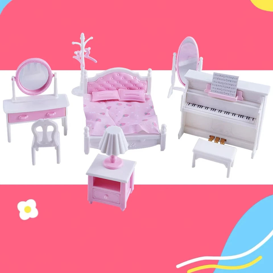 E02 Bedroom Set Dollhouse Miniature Furniture Pretend Play Doll House Accessories For Boy Girl Gifts